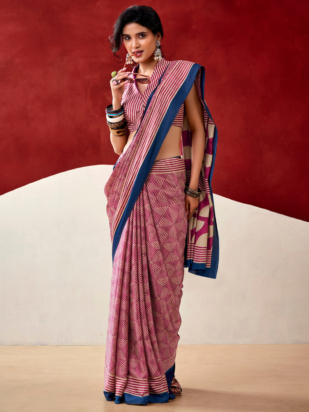 Pink Satin Digital Printed Office Wear Saree With Blouse
