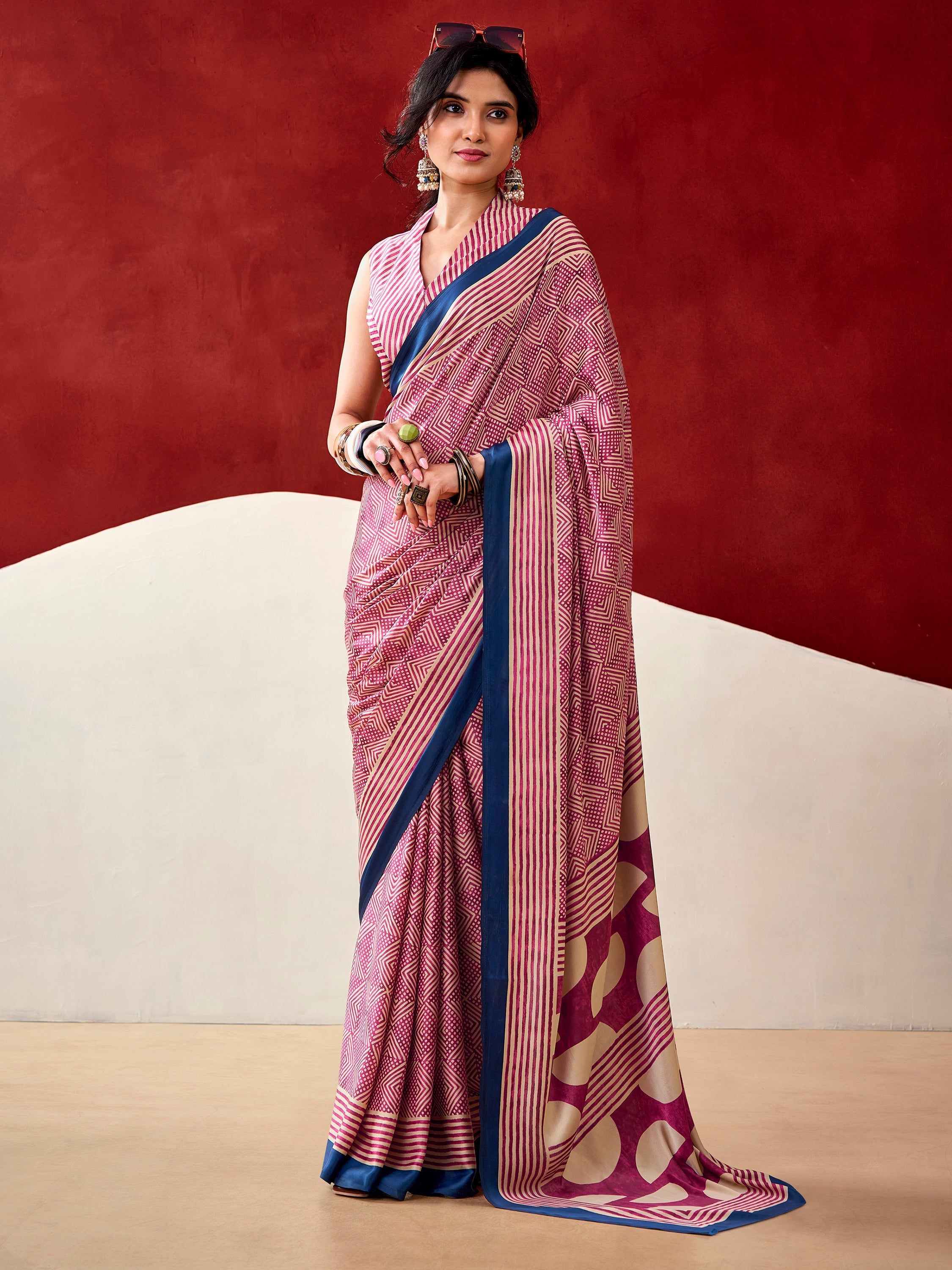 Pink Satin Digital Printed Office Wear Saree With Blouse