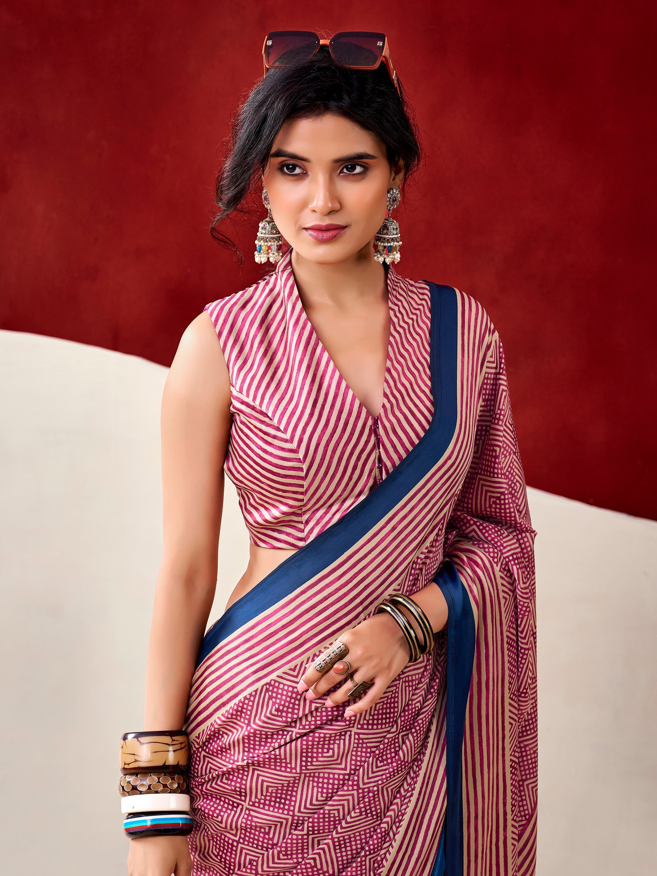Pink Satin Digital Printed Office Wear Saree With Blouse