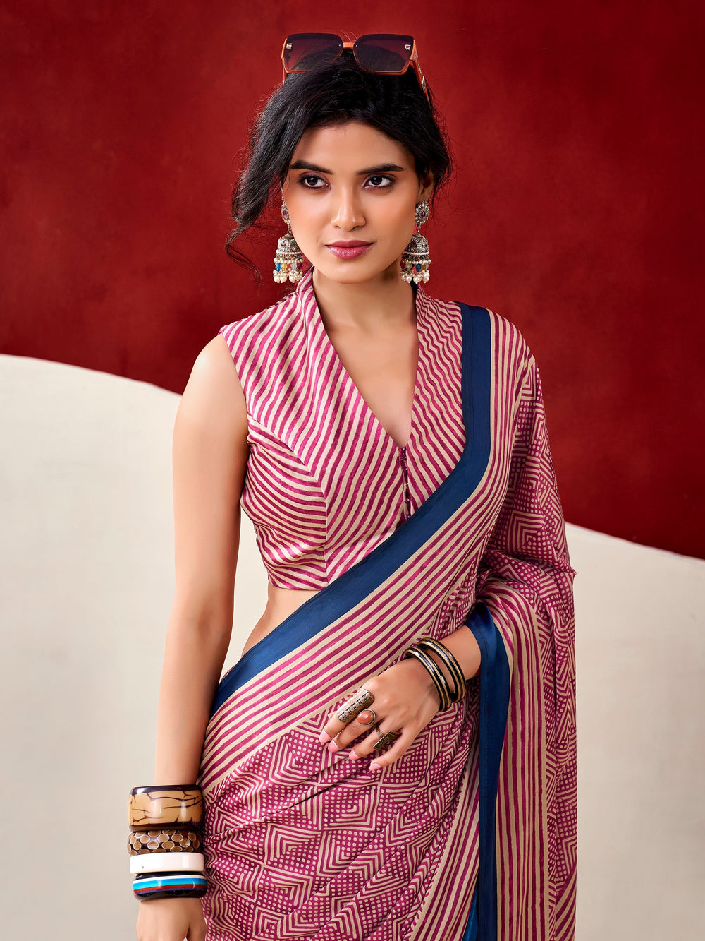 Pink Satin Digital Printed Office Wear Saree With Blouse