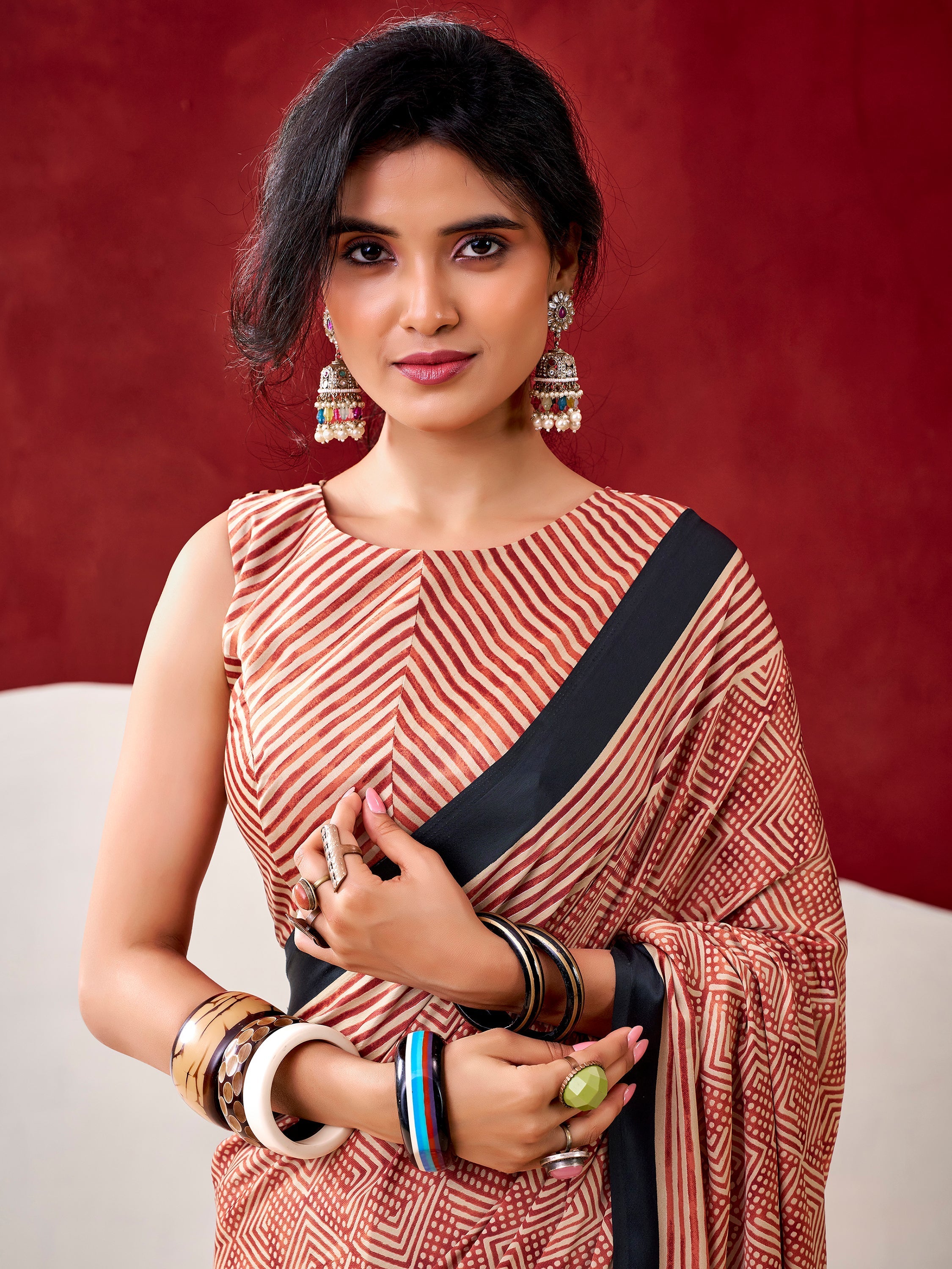 Rust Orange Satin Digital Printed Traditional Saree With Blouse