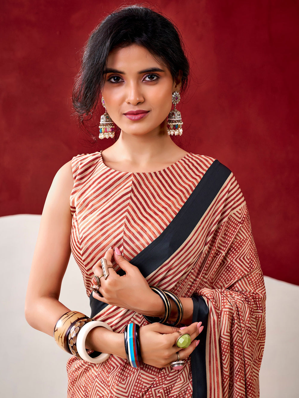 Rust Orange Satin Digital Printed Traditional Saree With Blouse
