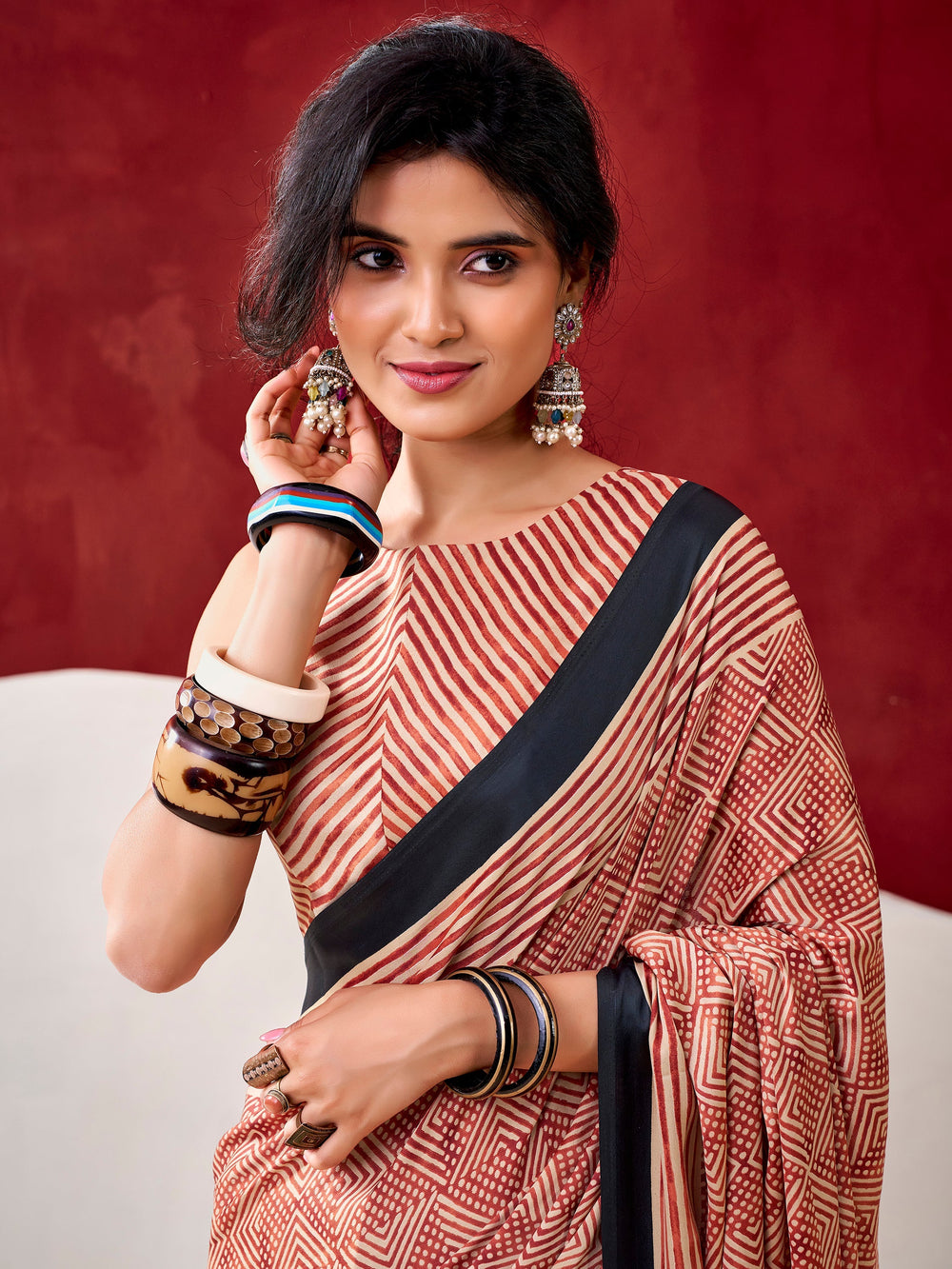 Rust Orange Satin Digital Printed Traditional Saree With Blouse