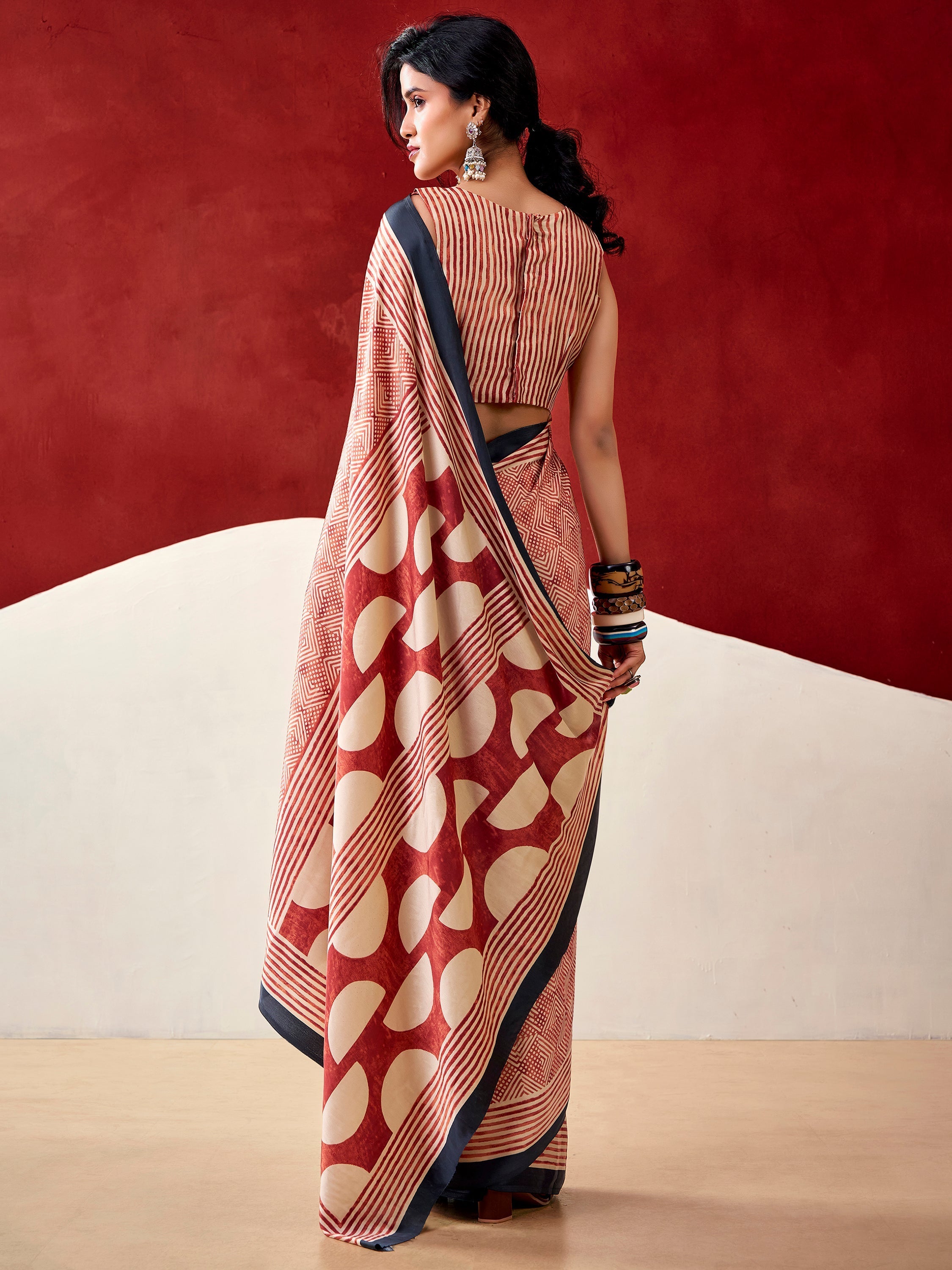 Rust Orange Satin Digital Printed Traditional Saree With Blouse