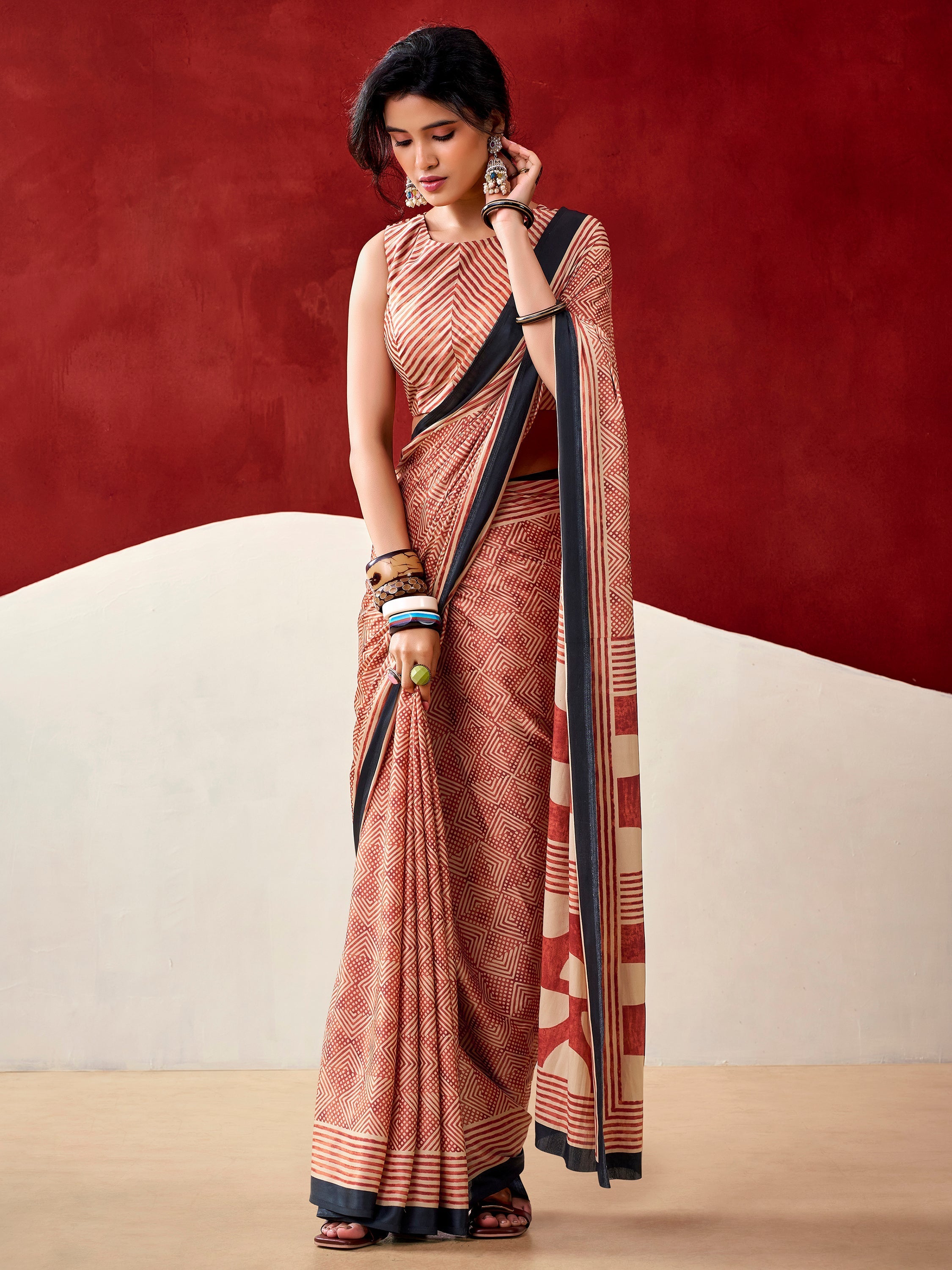 Rust Orange Satin Digital Printed Traditional Saree With Blouse