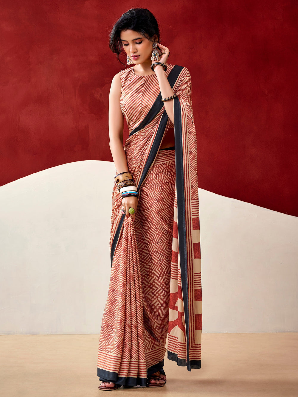 Rust Orange Satin Digital Printed Traditional Saree With Blouse