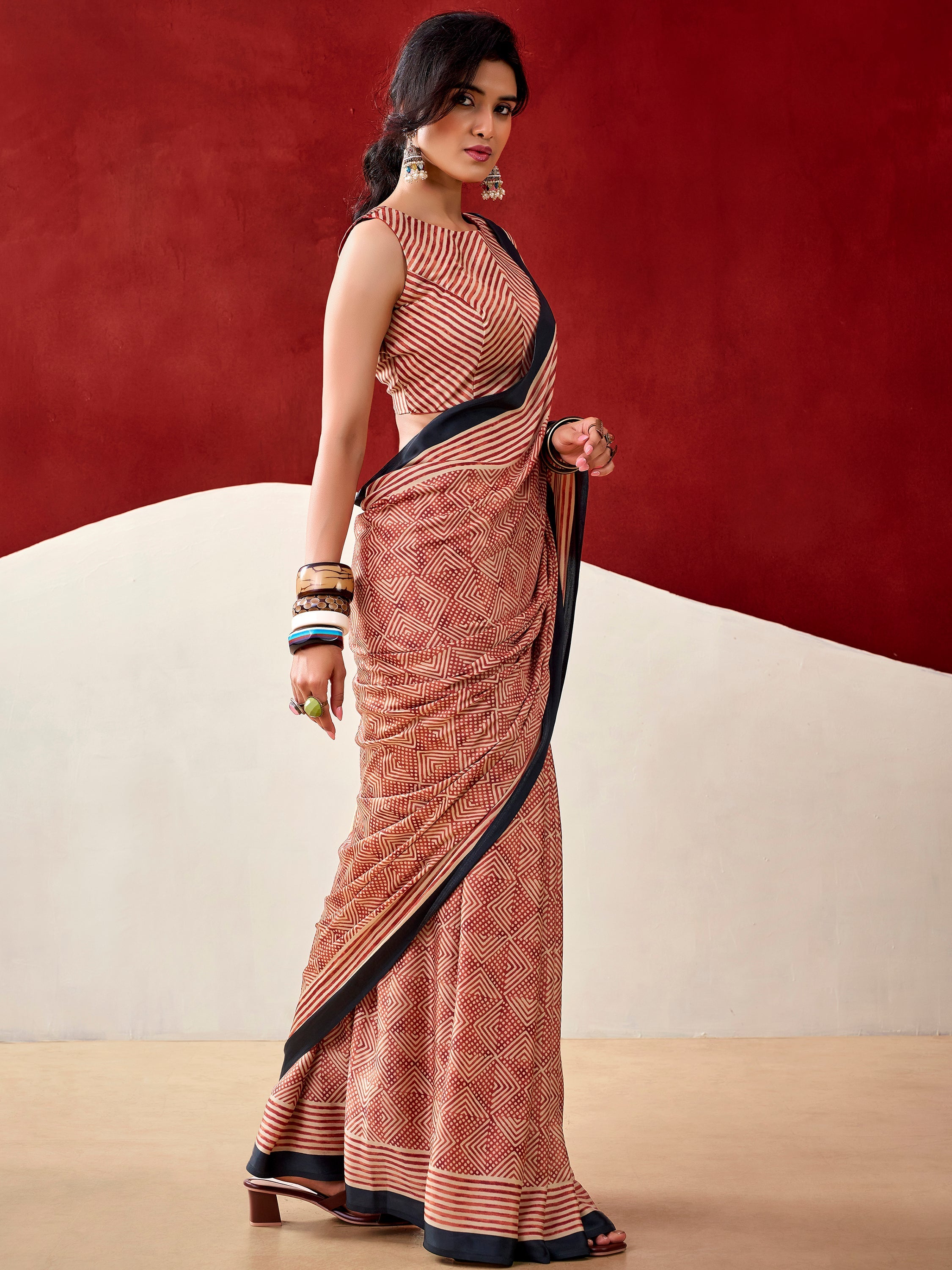 Rust Orange Satin Digital Printed Traditional Saree With Blouse