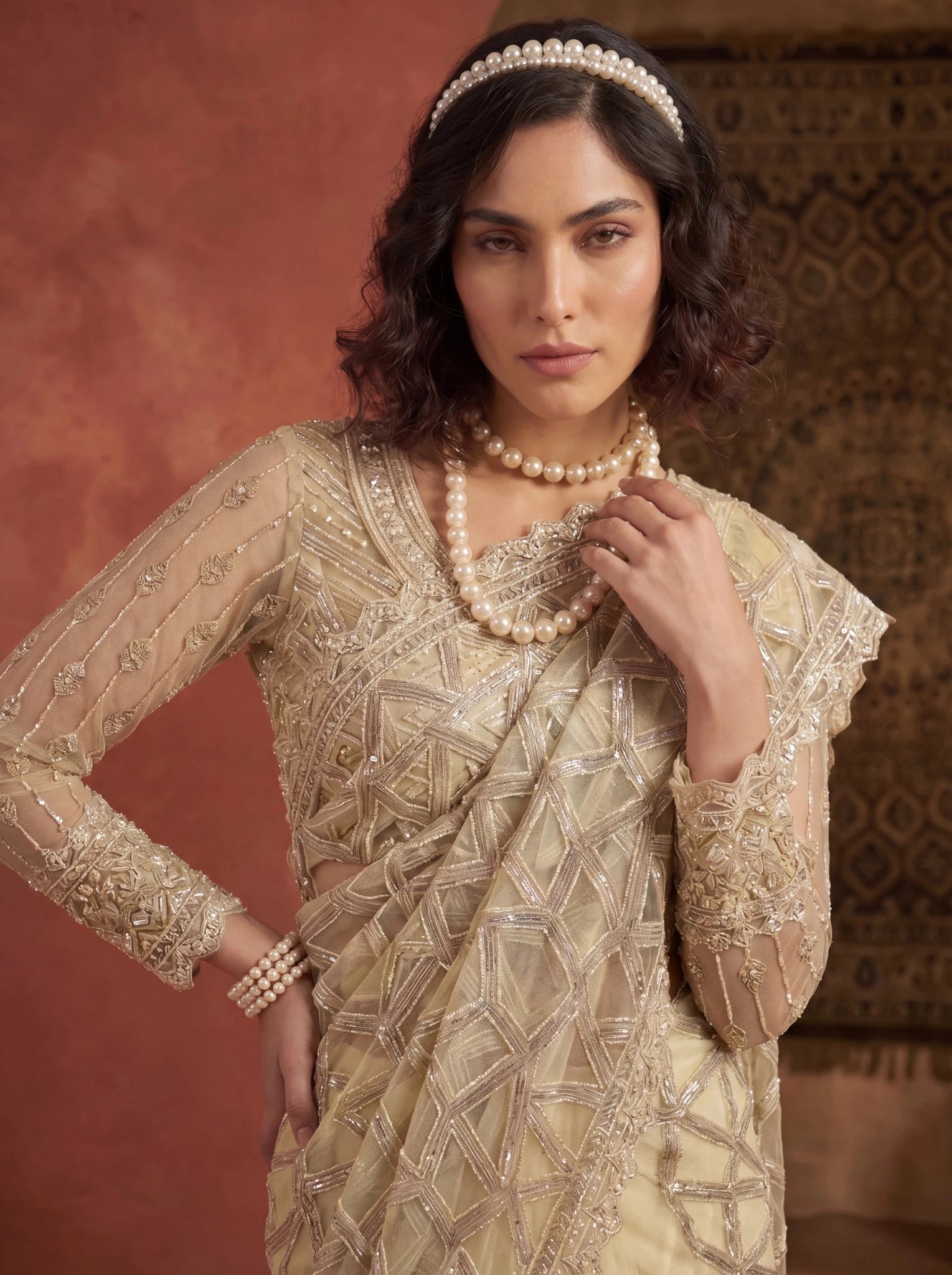 Elegant Champagne Gold Designer Saree With Intricate Geometric Embroidery Handwork - Zimonza