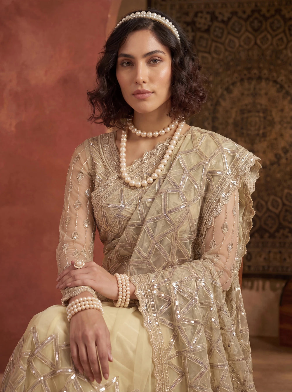 Elegant Champagne Gold Designer Saree With Intricate Geometric Embroidery Handwork - Zimonza