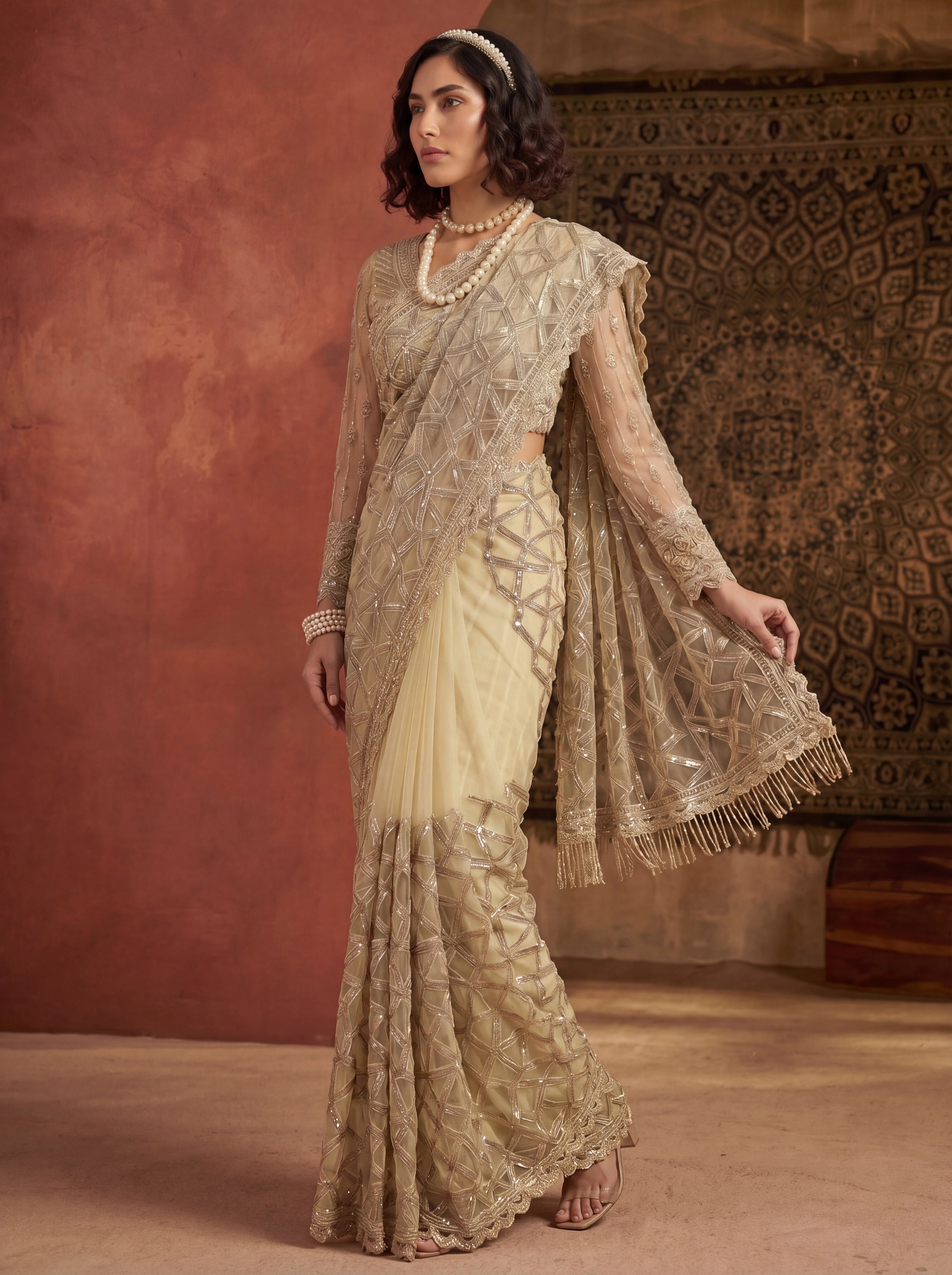 Elegant Champagne Gold Designer Saree With Intricate Geometric Embroidery Handwork