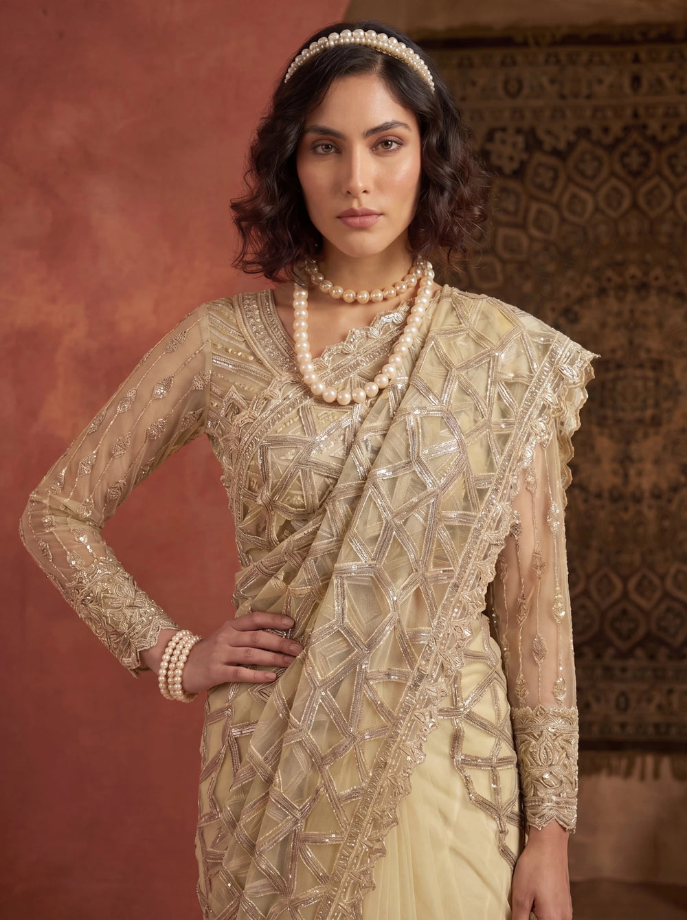 Elegant Champagne Gold Designer Saree With Intricate Geometric Embroidery Handwork - Zimonza