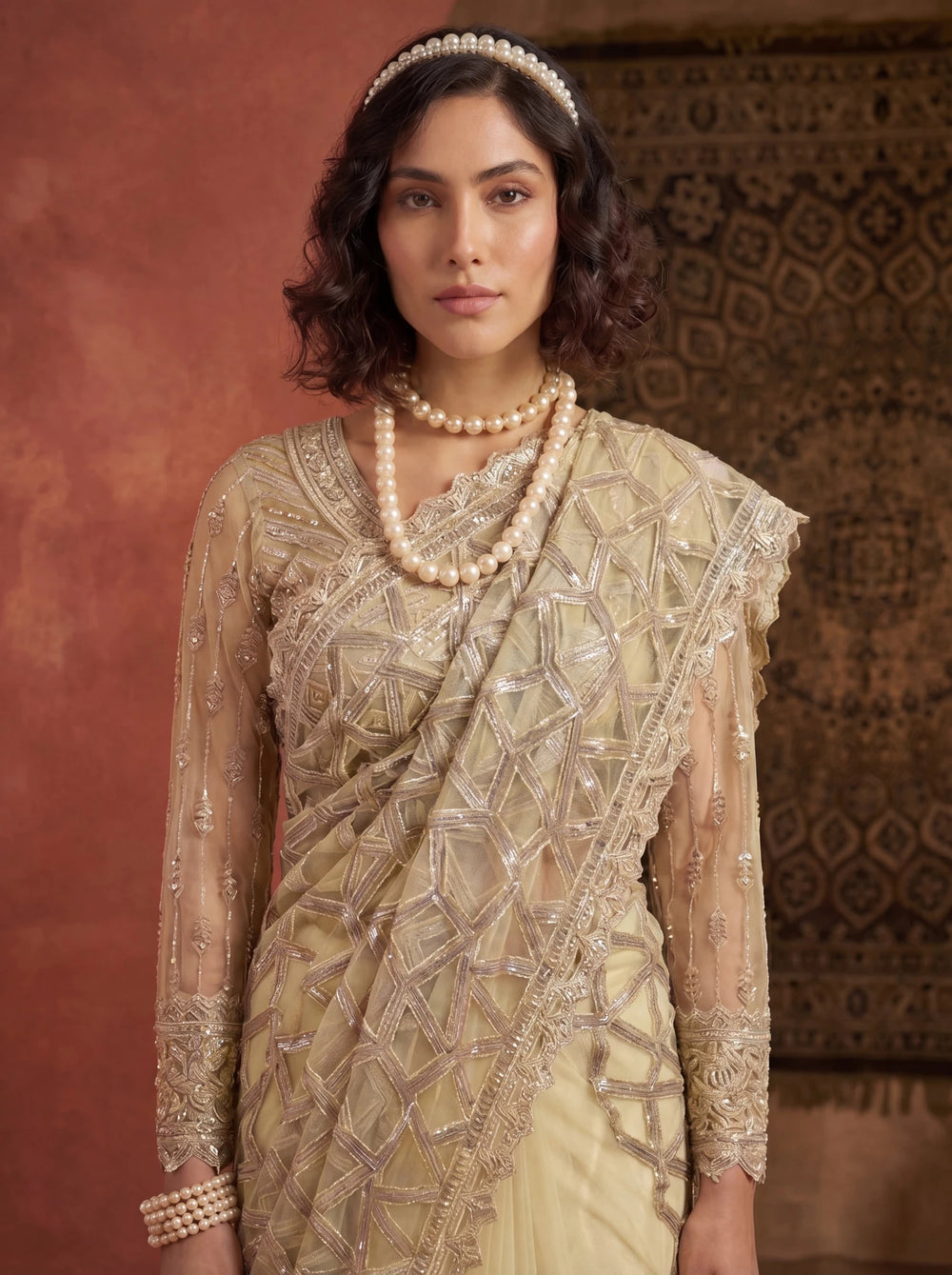 Elegant Champagne Gold Designer Saree With Intricate Geometric Embroidery Handwork - Zimonza