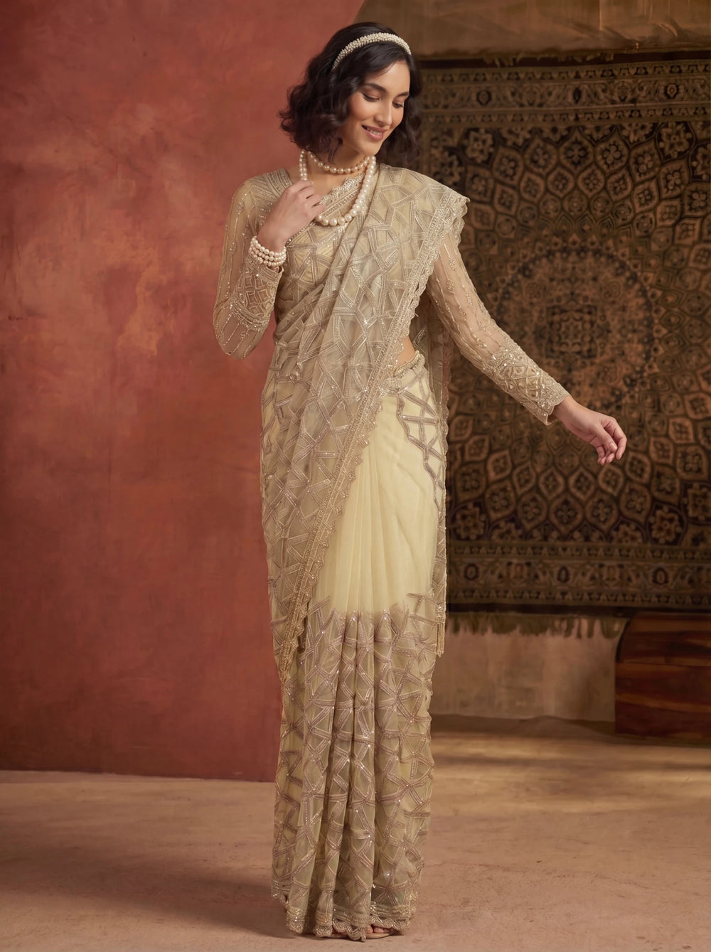 Elegant Champagne Gold Designer Saree With Intricate Geometric Embroidery Handwork - Zimonza