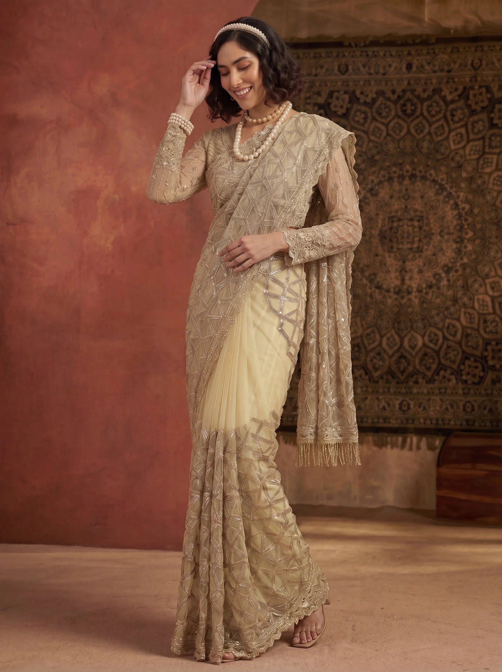 Elegant Champagne Gold Designer Saree With Intricate Geometric Embroidery Handwork - Zimonza