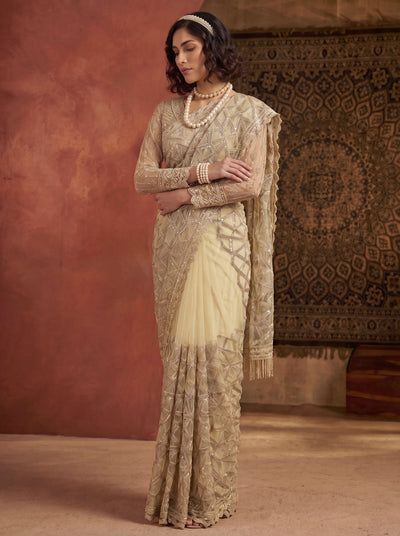 Elegant Champagne Gold Designer Saree With Intricate Geometric Embroidery Handwork - Zimonza