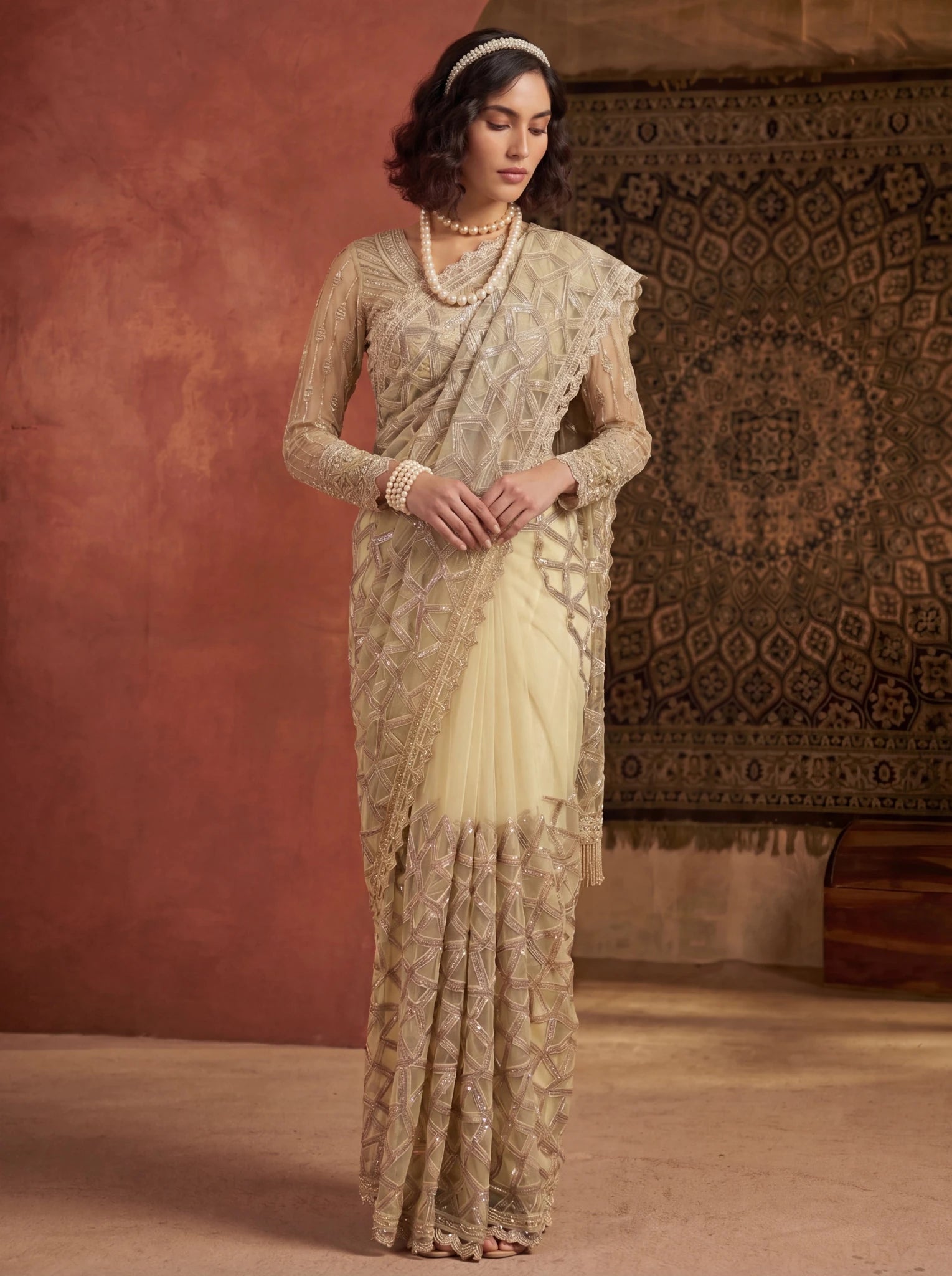 Elegant Champagne Gold Designer Saree With Intricate Geometric Embroidery Handwork - Zimonza