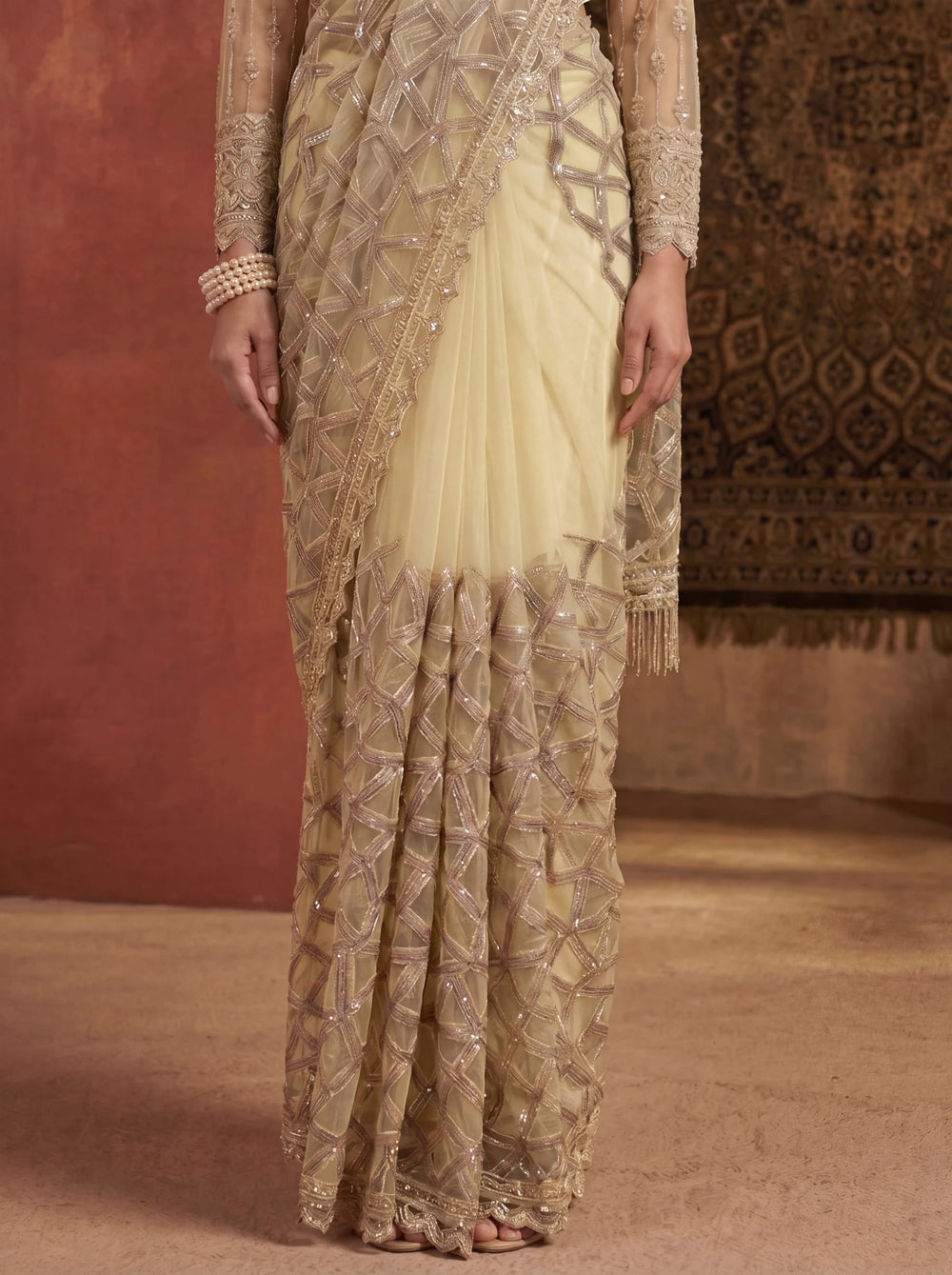Elegant Champagne Gold Designer Saree With Intricate Geometric Embroidery Handwork - Zimonza
