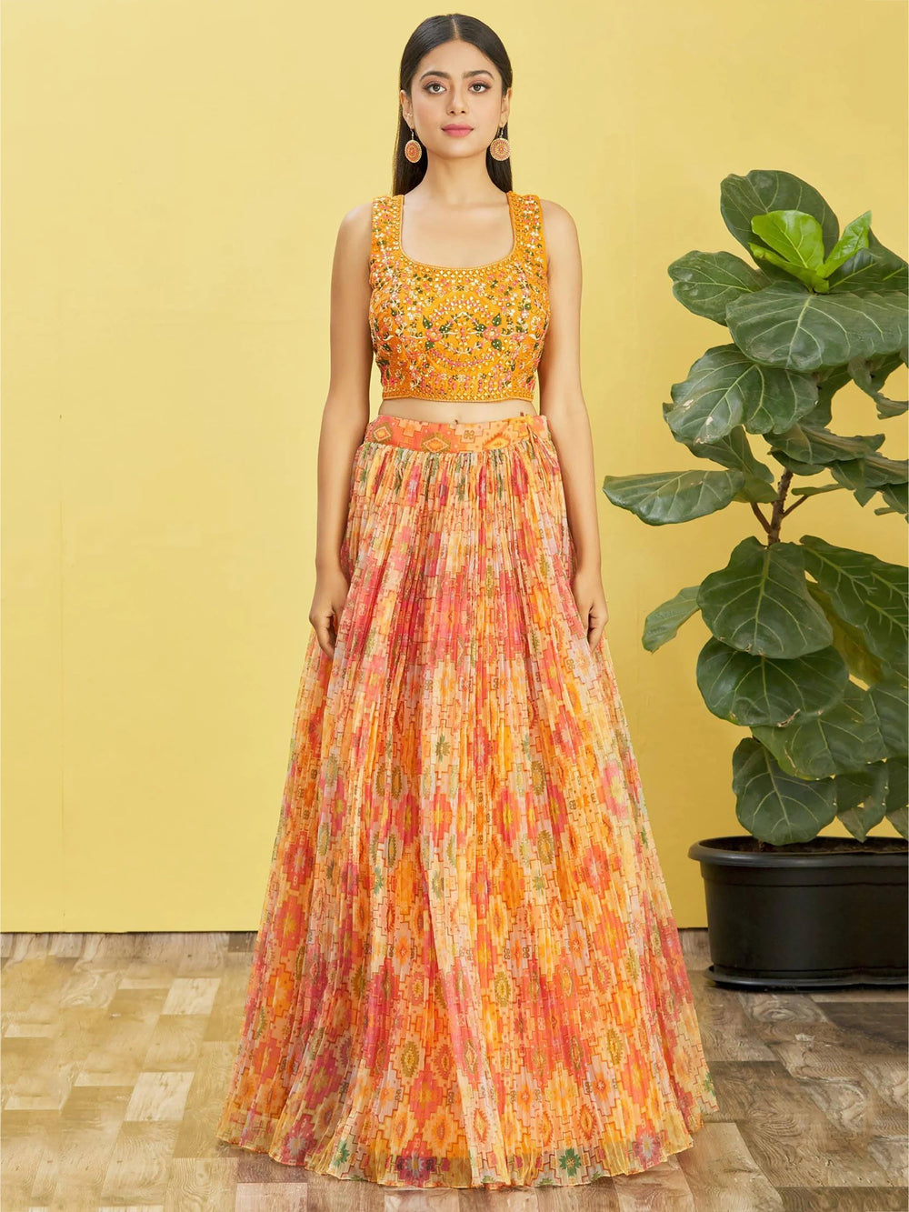 Bright Yellow Mirror Work Organza Function Lehenga Choli for Women