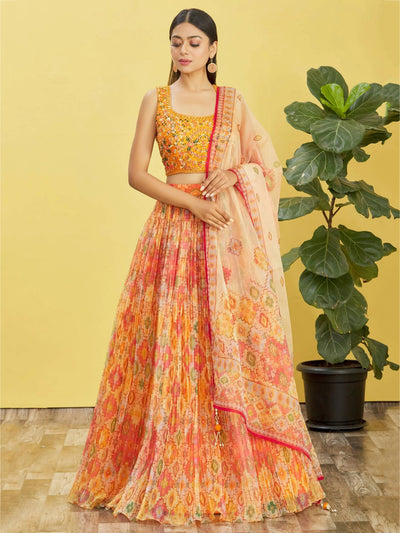 Bright Yellow Mirror Work Organza Function Lehenga Choli for Women