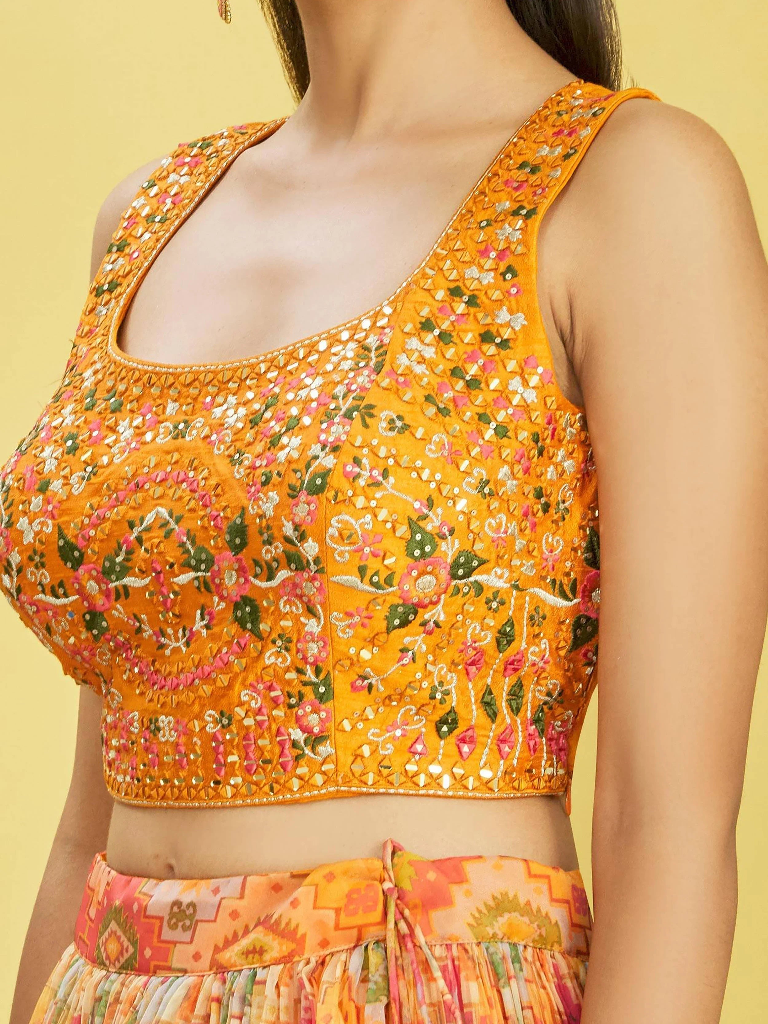 Bright Yellow Mirror Work Organza Function Lehenga Choli for Women