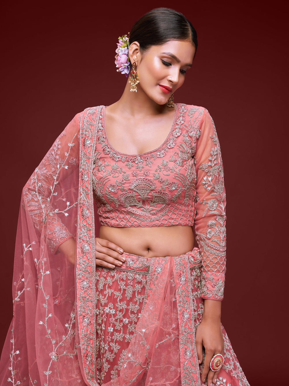 Pink Dori Work Soft Net Ceremony Lehenga Choli Indian Ethnic Wear