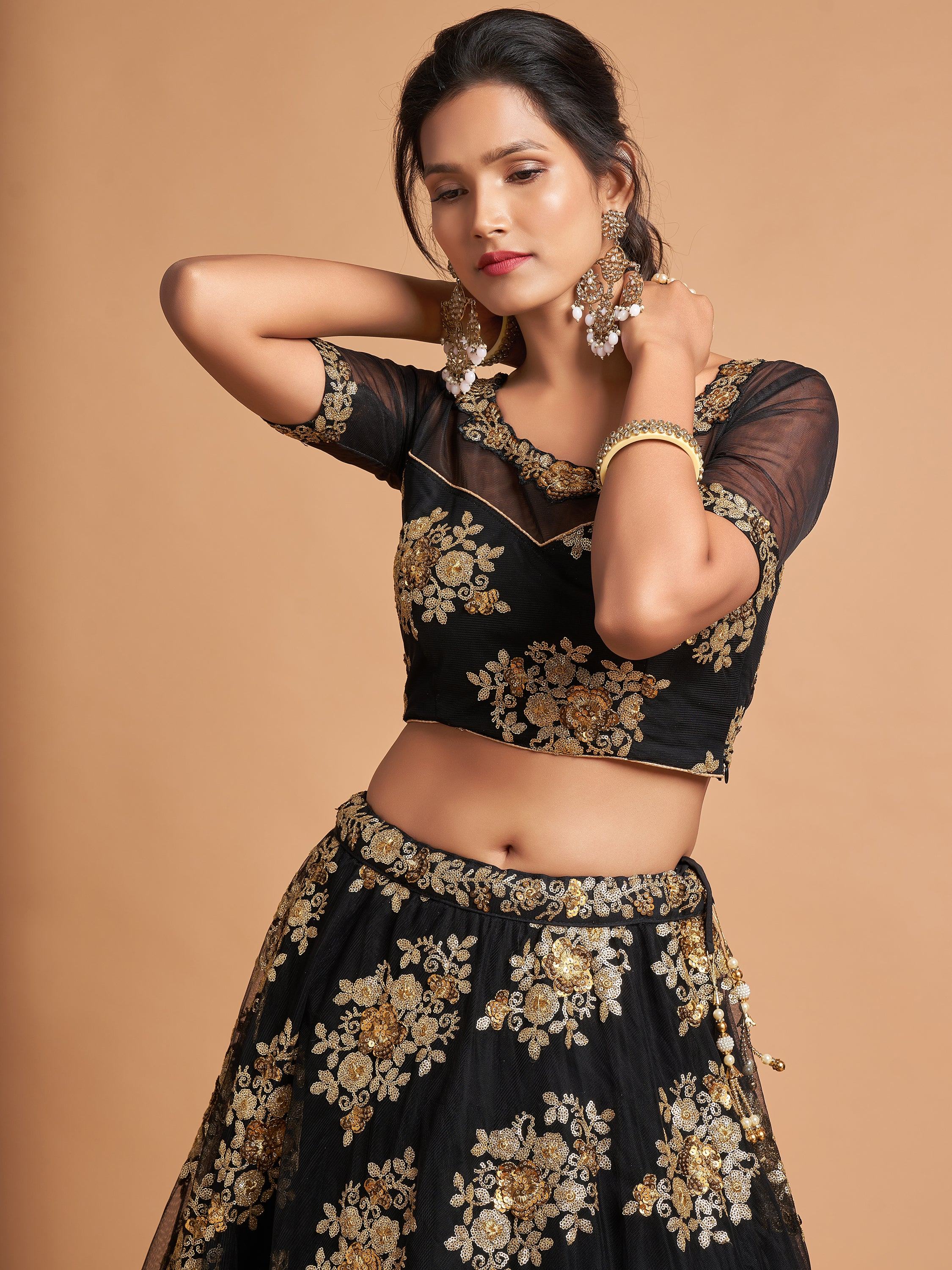 Black Zari Embroidered Net Party Lehenga Choli Indian Ethnic Wear