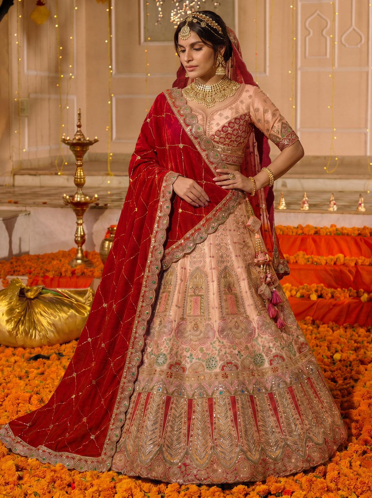 Peach Viscose Embroidered Sequins Bridal Lehenga Choli Set