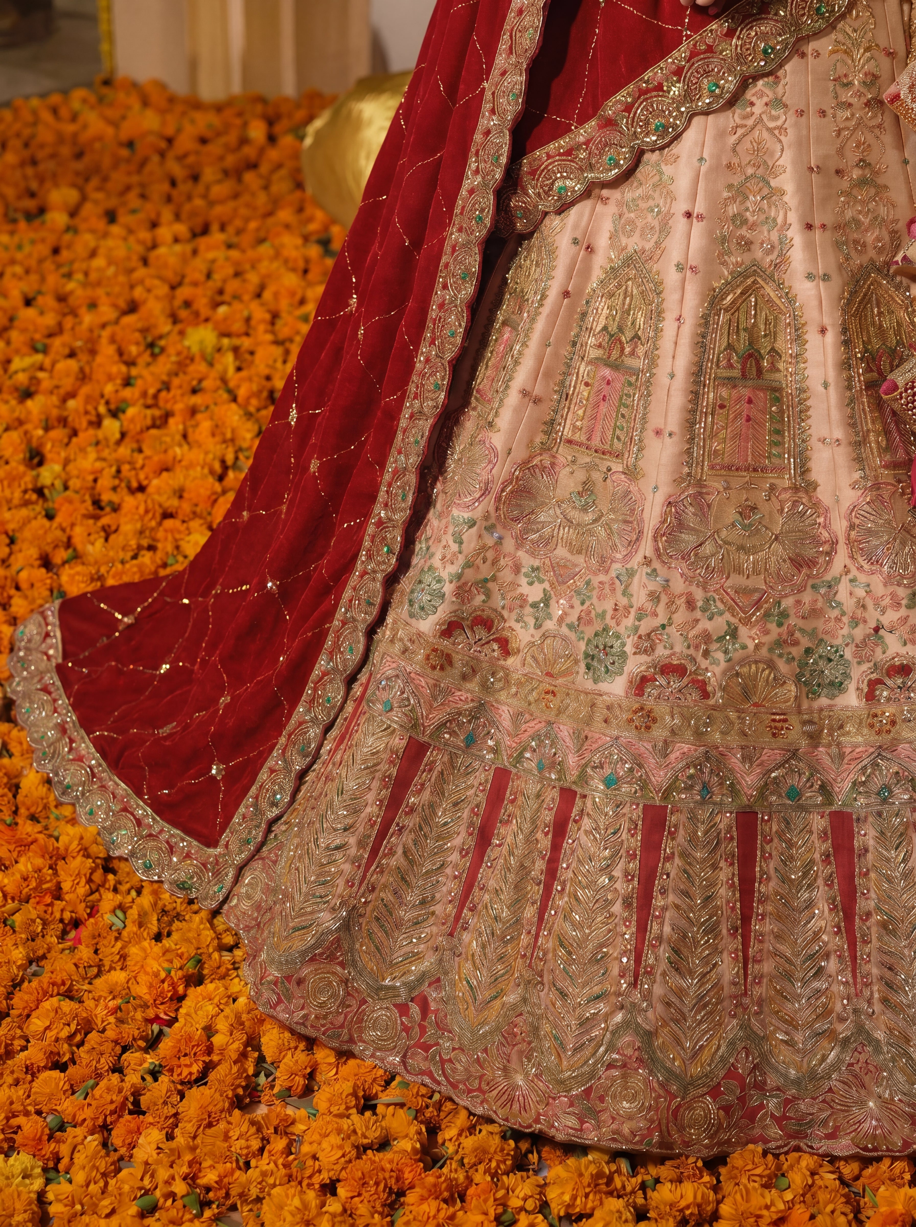 Peach Viscose Embroidered Sequins Bridal Lehenga Choli Set