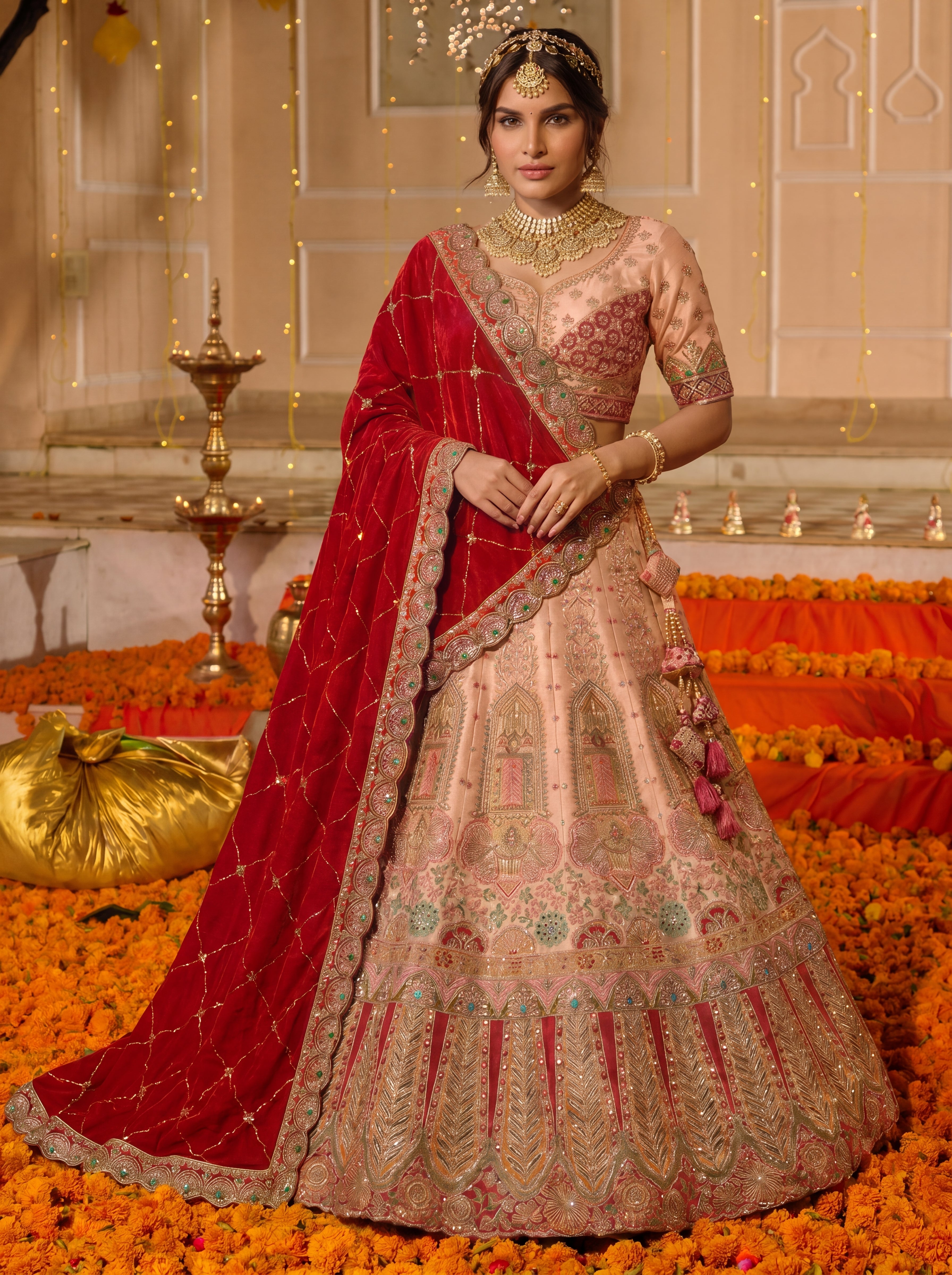 Peach Viscose Embroidered Sequins Bridal Lehenga Choli Set