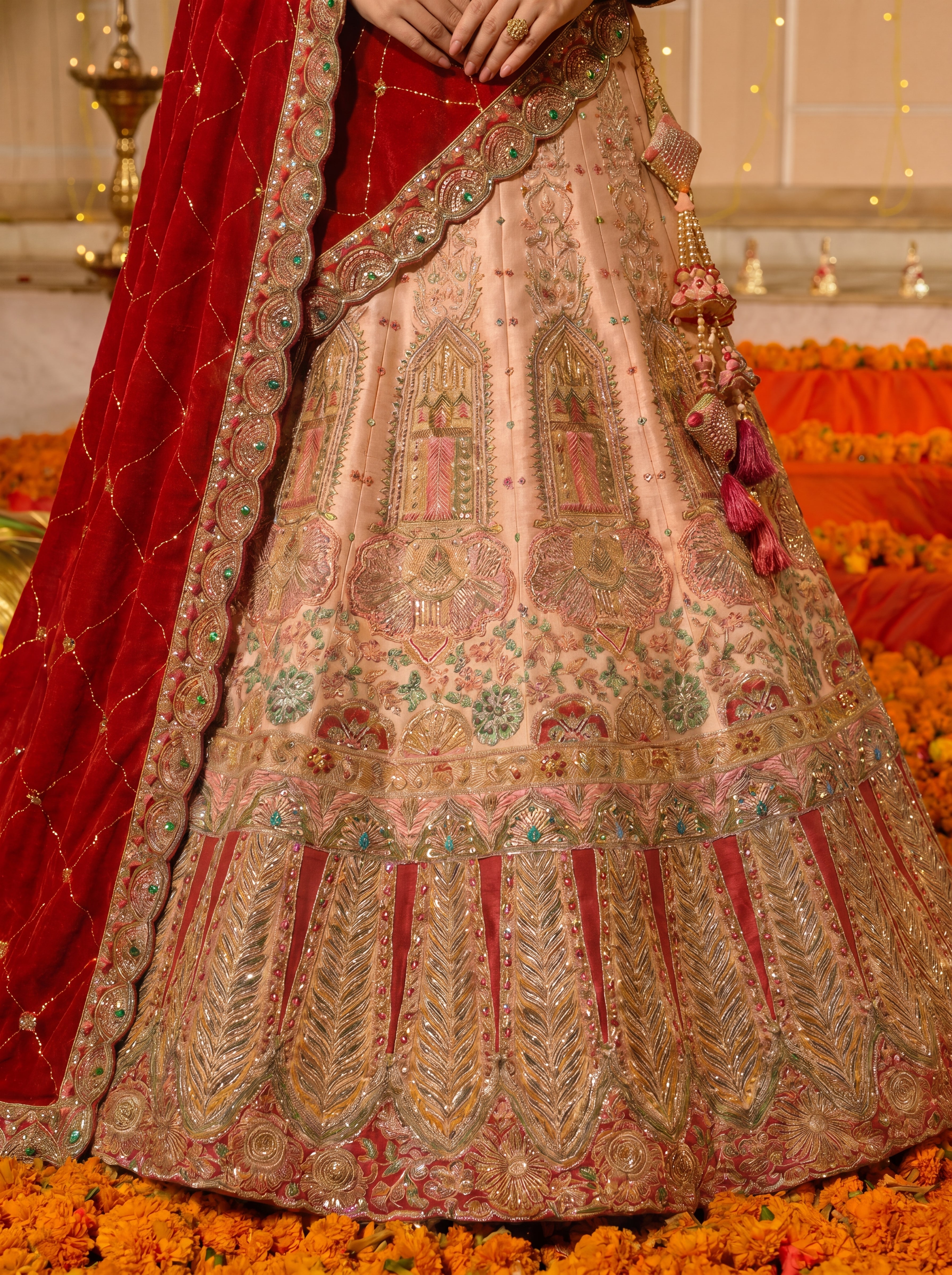 Peach Viscose Embroidered Sequins Bridal Lehenga Choli Set