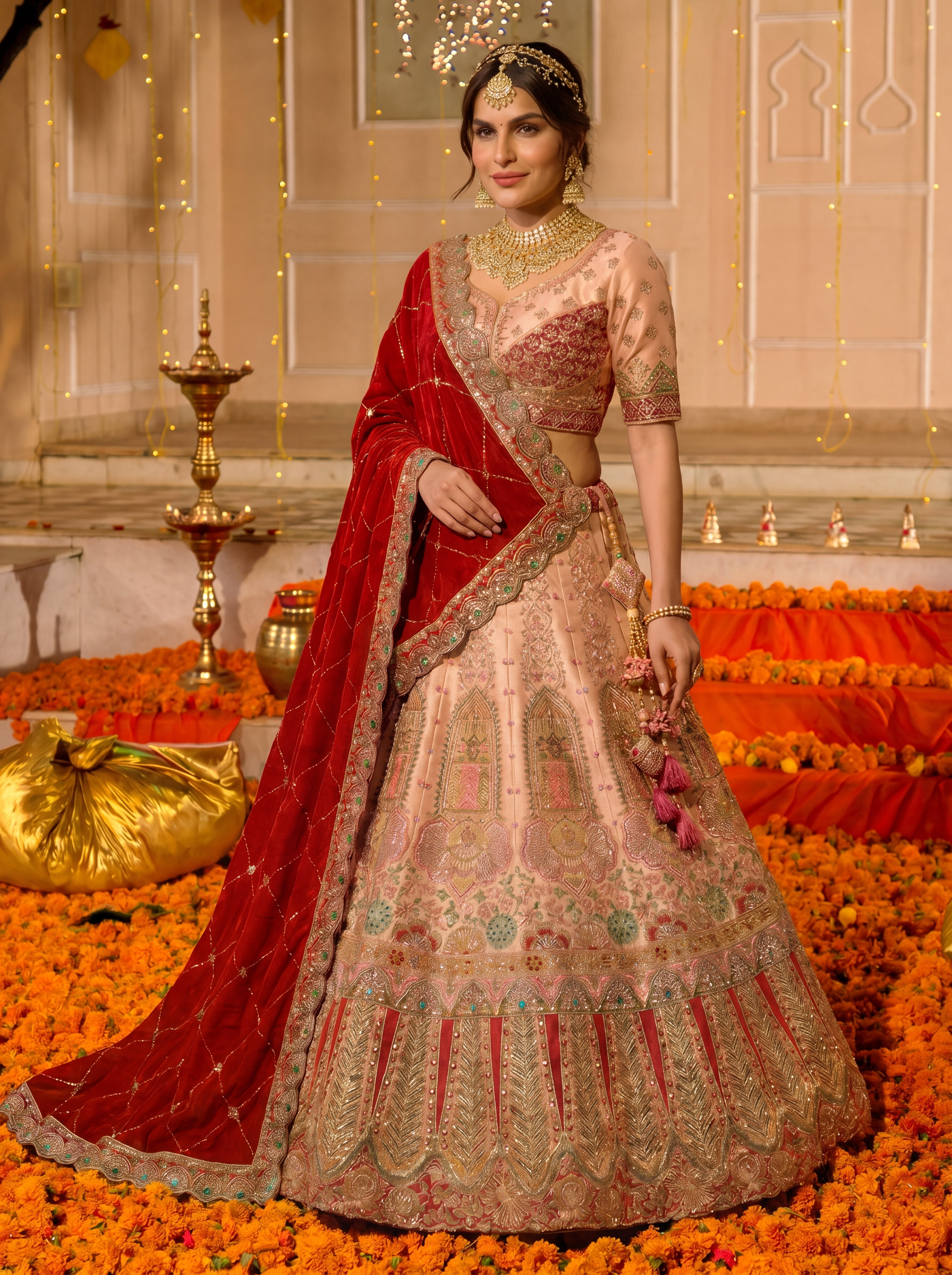 Peach Viscose Embroidered Sequins Bridal Lehenga Choli Set
