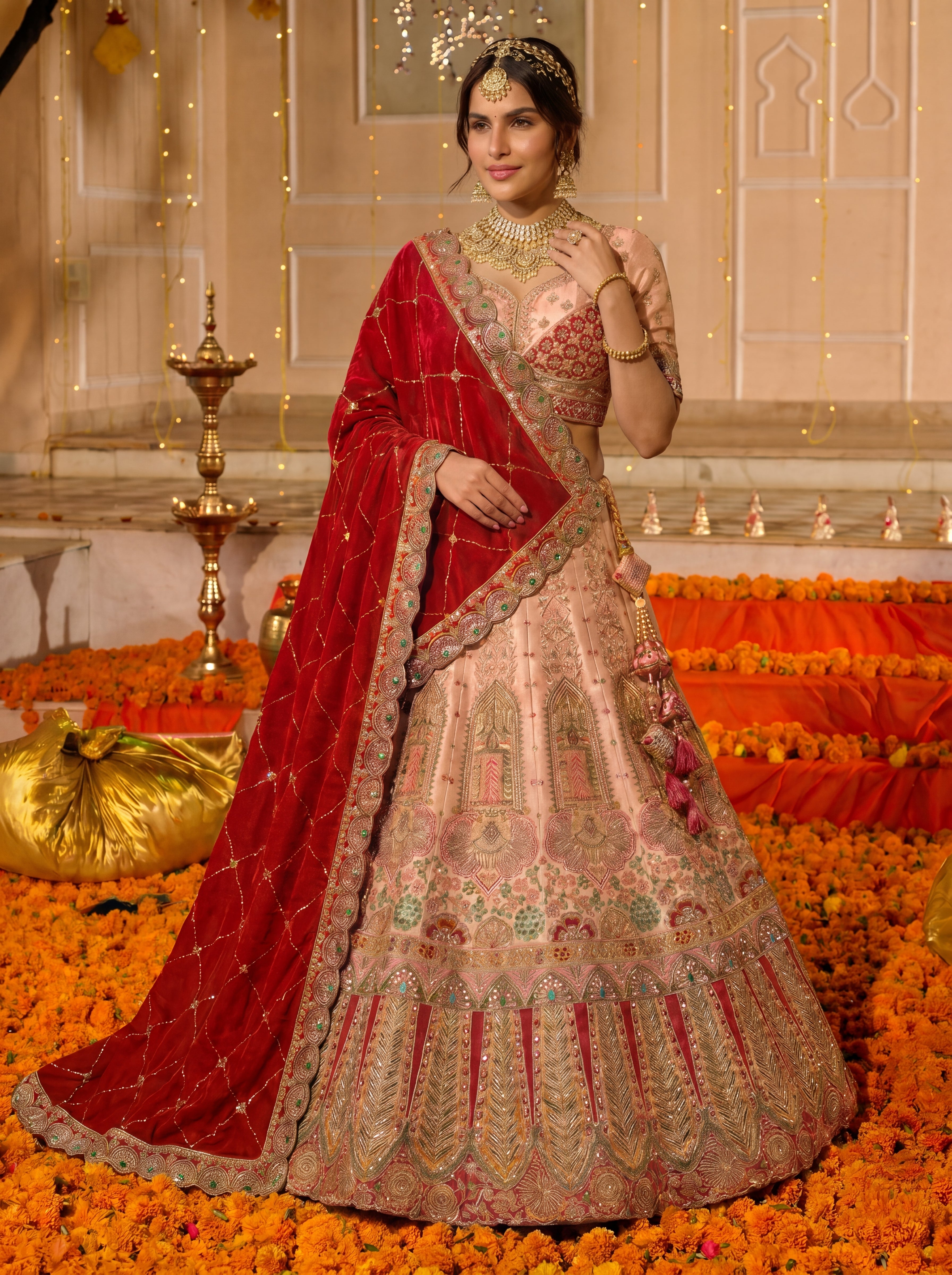 Peach Viscose Embroidered Sequins Bridal Lehenga Choli Set