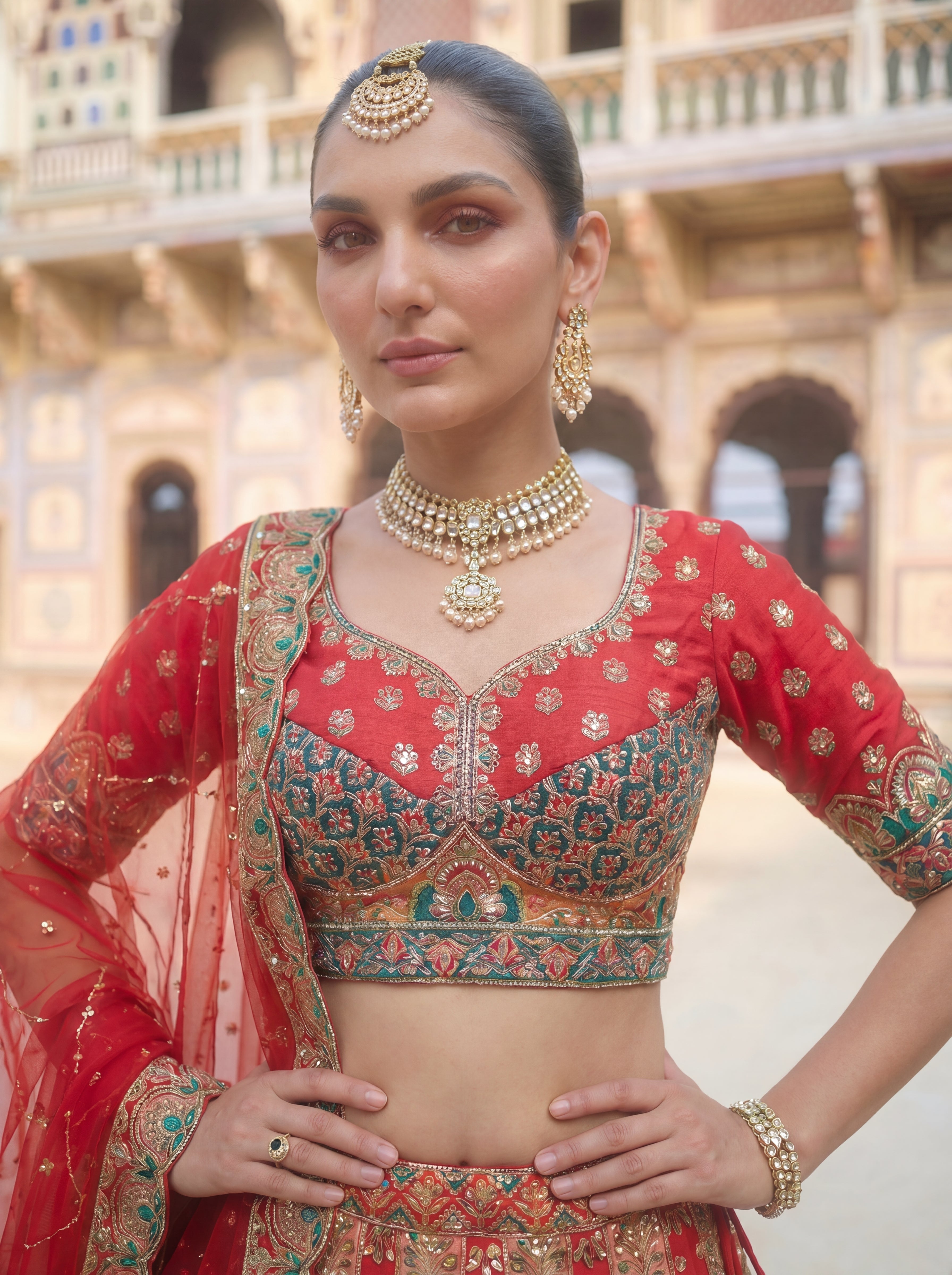 Red Viscose Sequins Embroidered Bridal Lehenga Choli Set