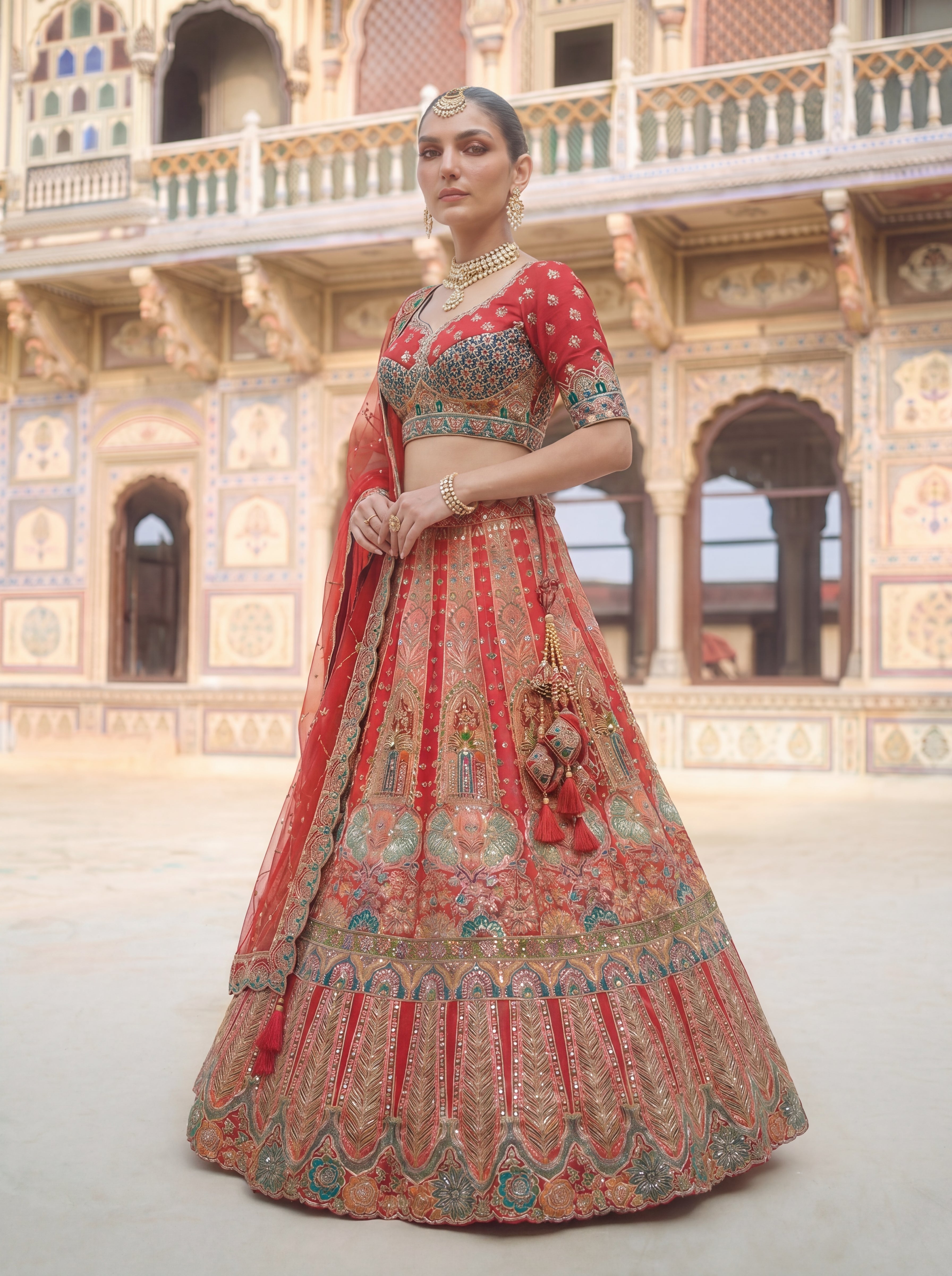 Red Viscose Sequins Embroidered Bridal Lehenga Choli Set