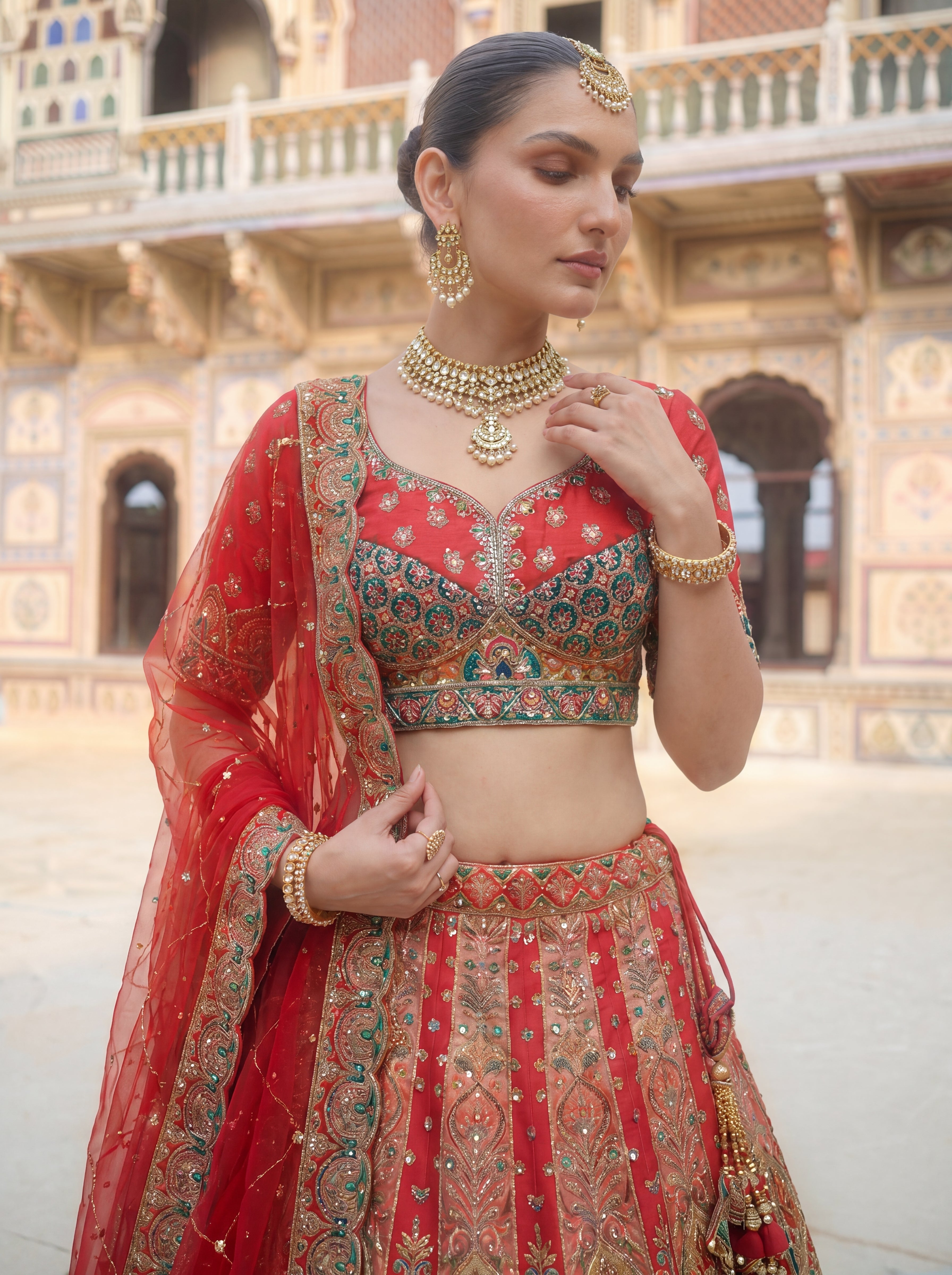 Red Viscose Sequins Embroidered Bridal Lehenga Choli Set