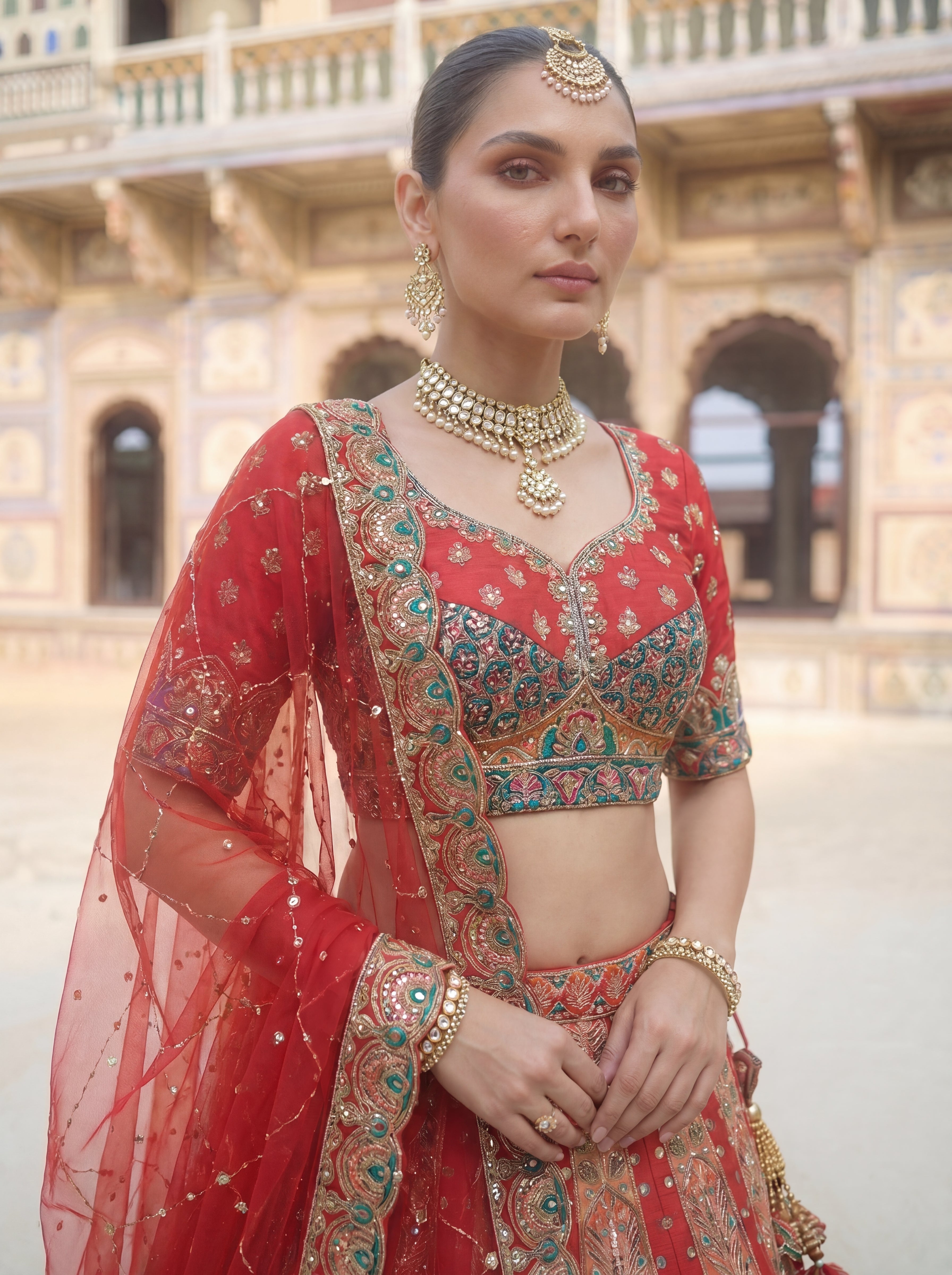 Red Viscose Sequins Embroidered Bridal Lehenga Choli Set