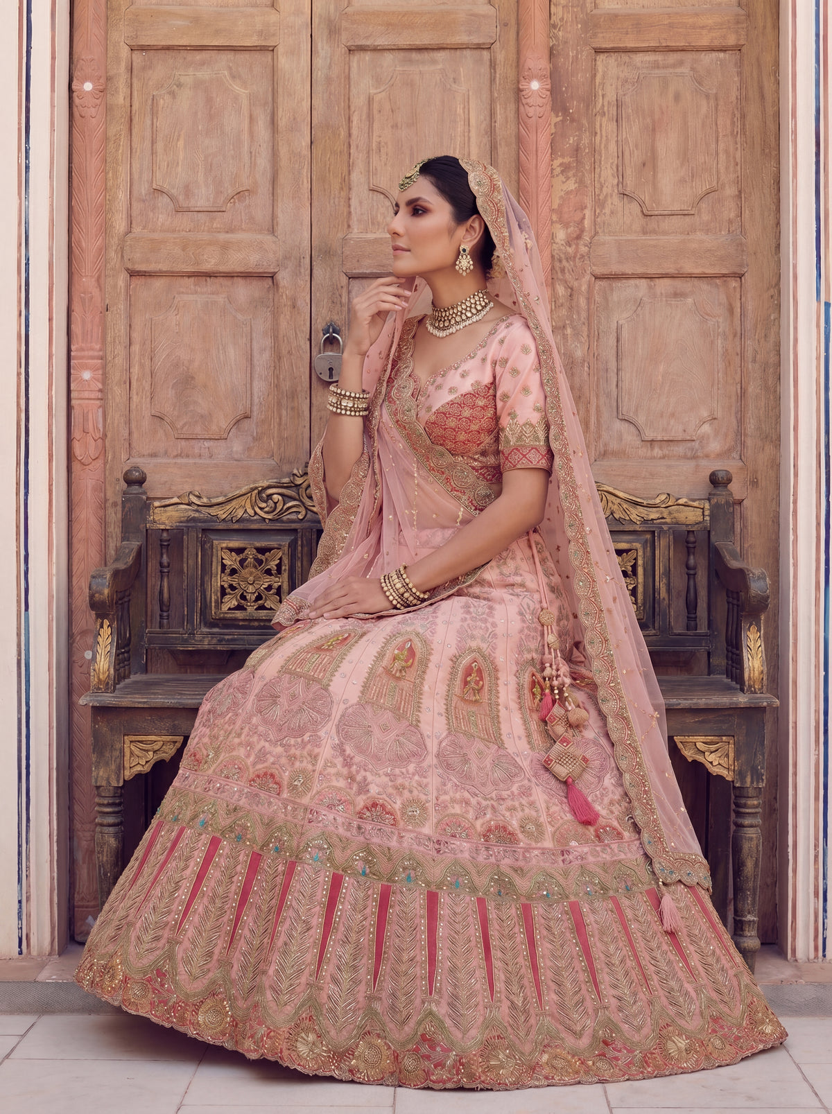 Blush Pink Viscose Sequins Embroidered Bridal Lehenga Choli Set