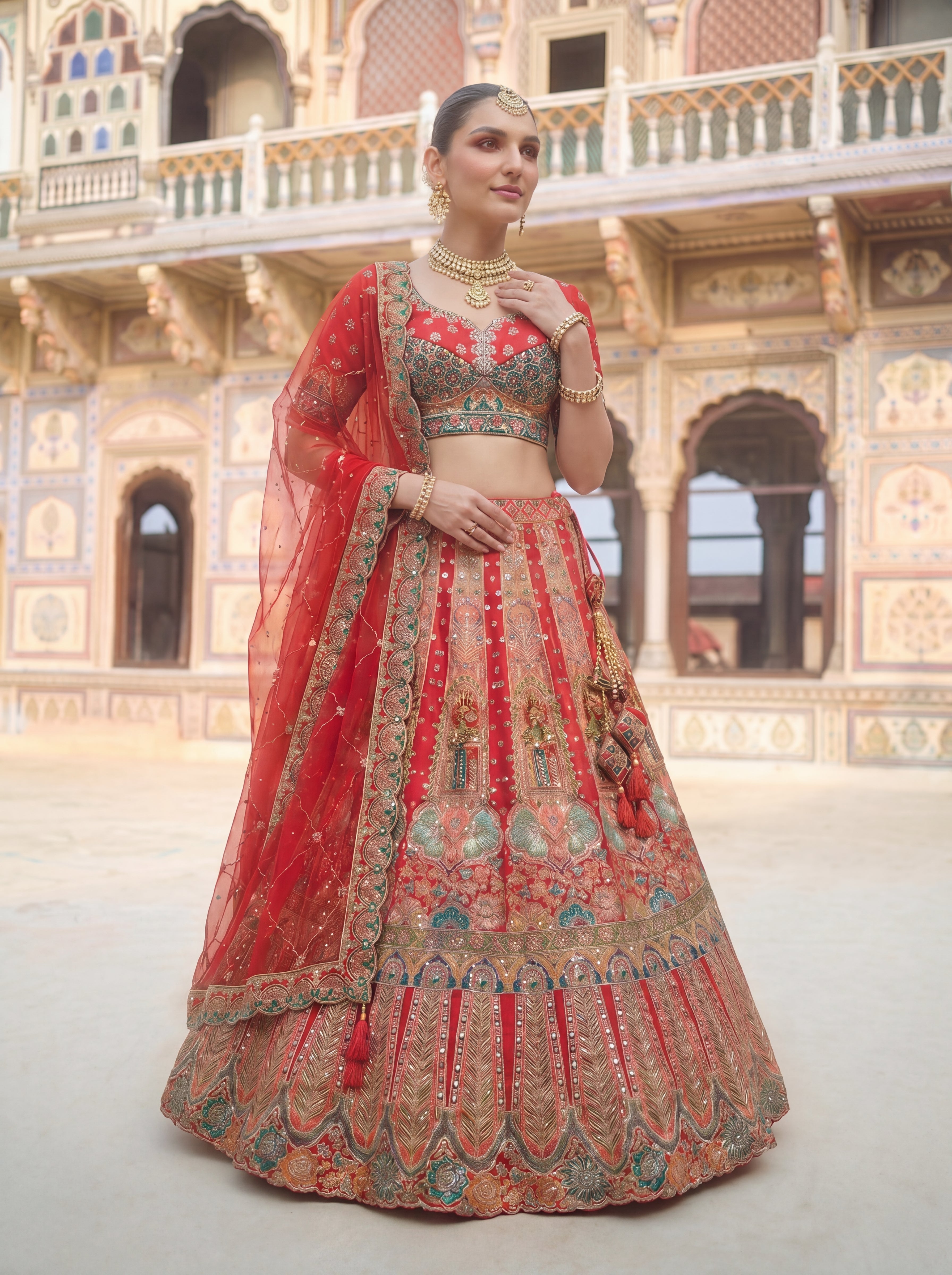 Red Viscose Sequins Embroidered Bridal Lehenga Choli Set