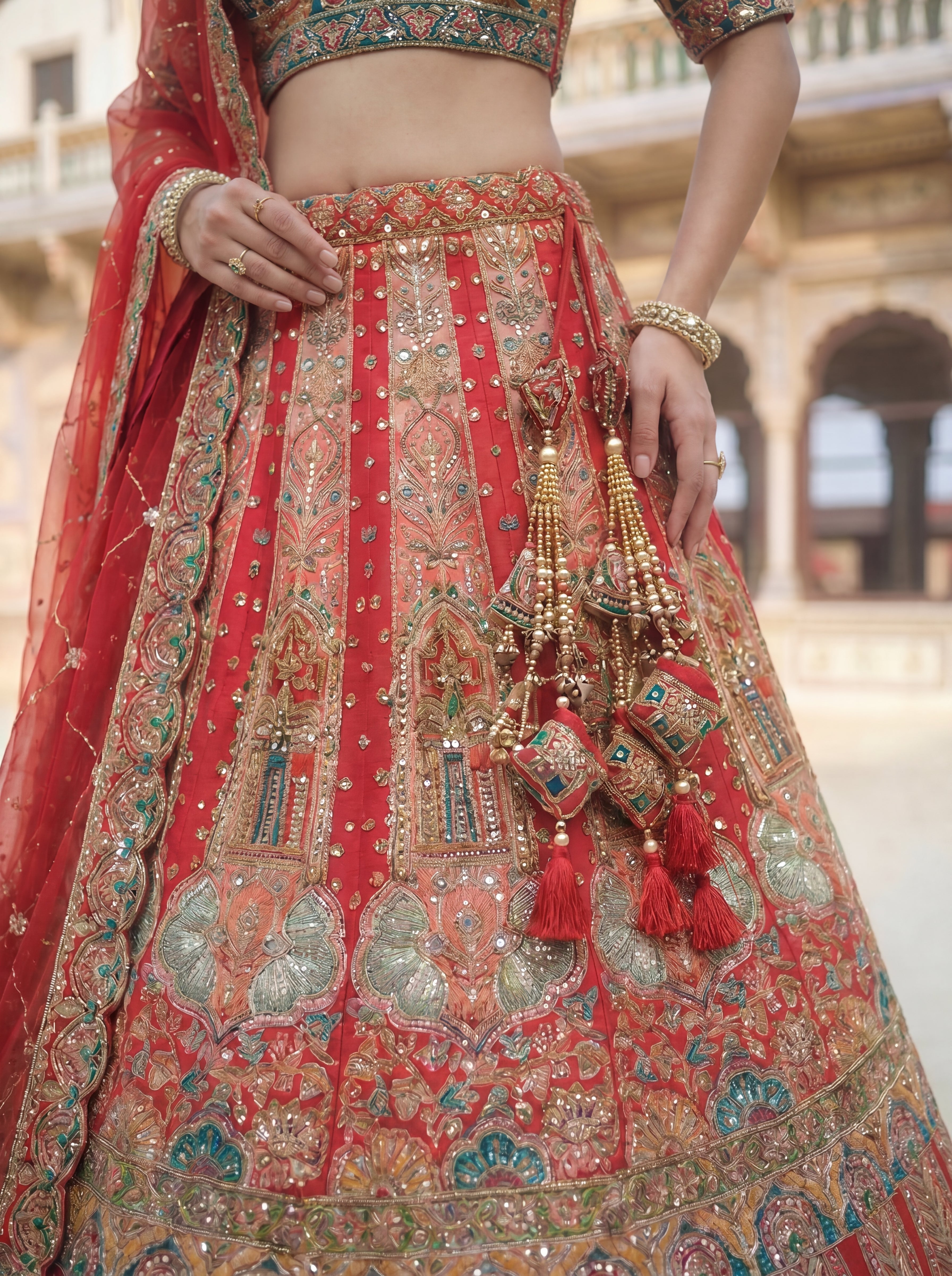 Red Viscose Sequins Embroidered Bridal Lehenga Choli Set
