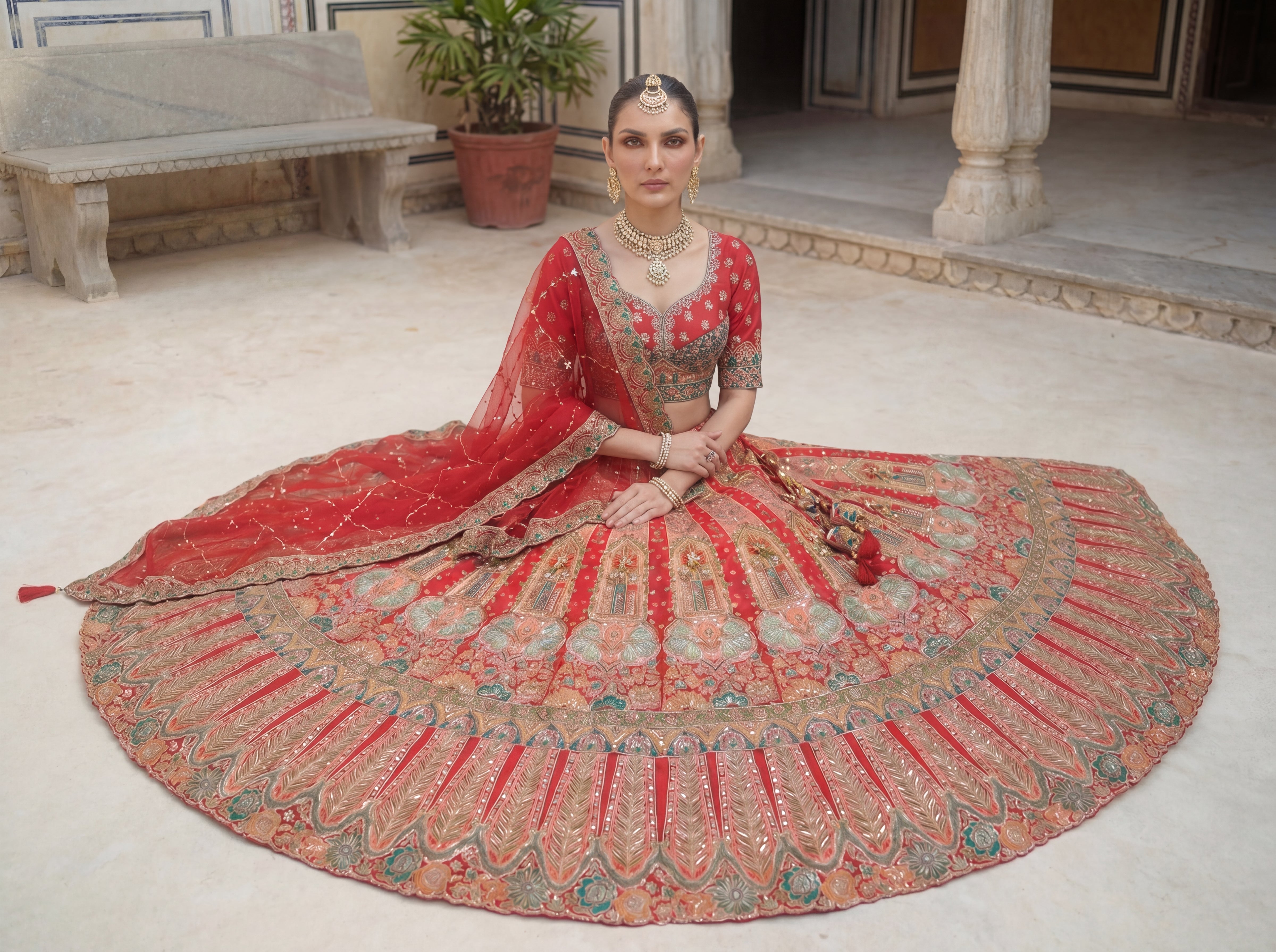 Red Viscose Sequins Embroidered Bridal Lehenga Choli Set