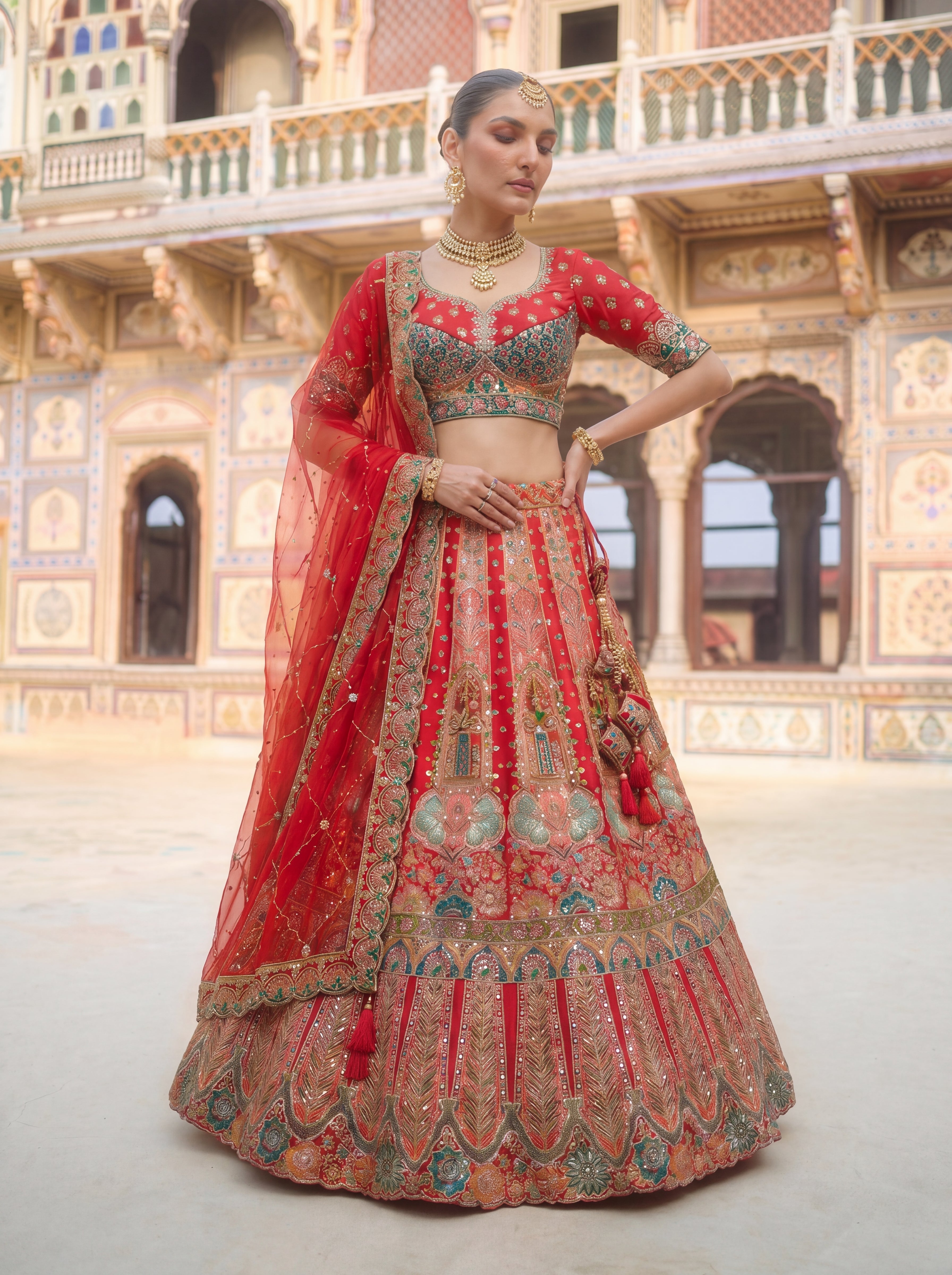 Red Viscose Sequins Embroidered Bridal Lehenga Choli Set
