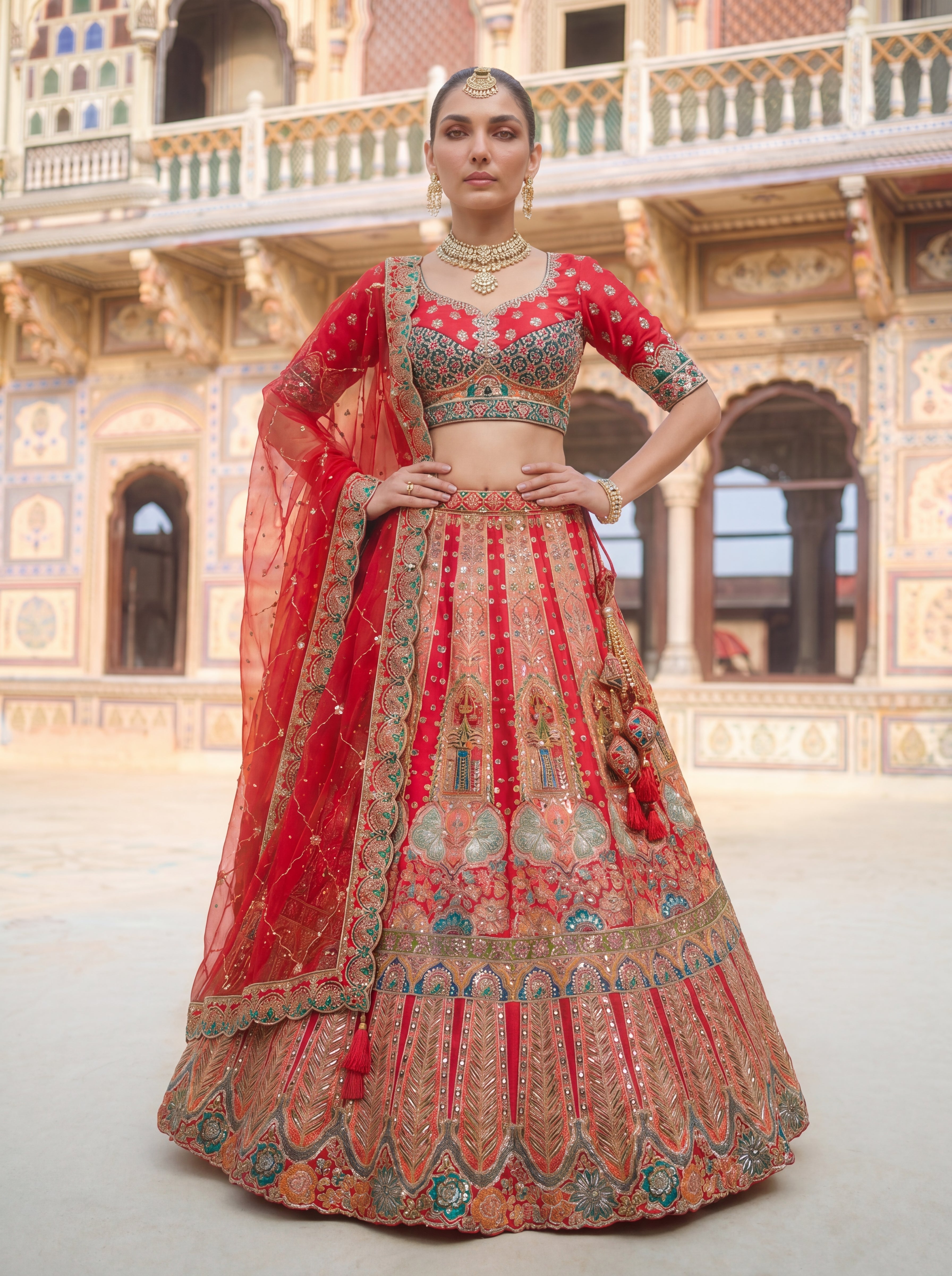 Red Viscose Sequins Embroidered Bridal Lehenga Choli Set
