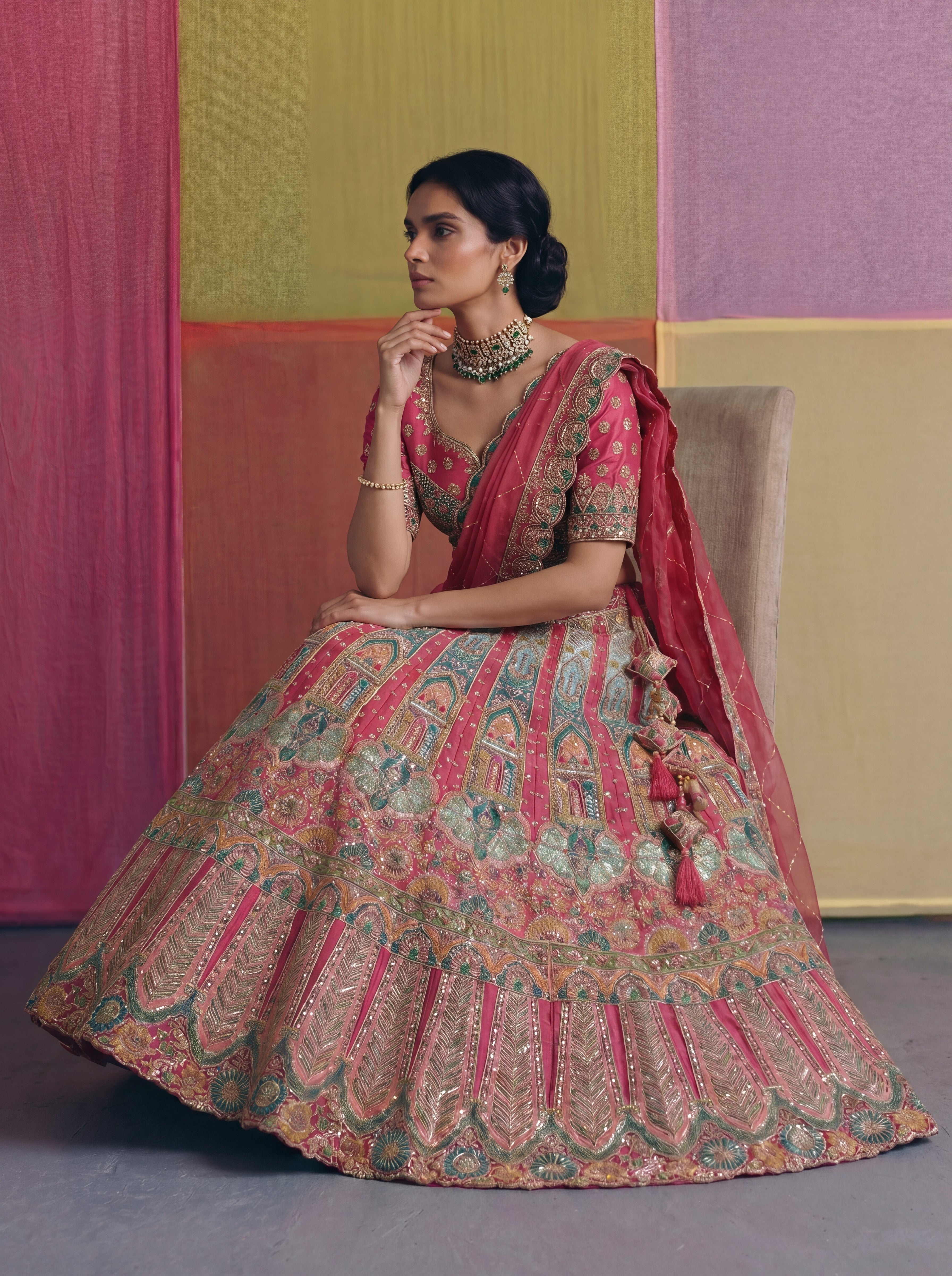 Crimson Red Viscose Sequins Embroidered Bridal Lehenga Choli Set