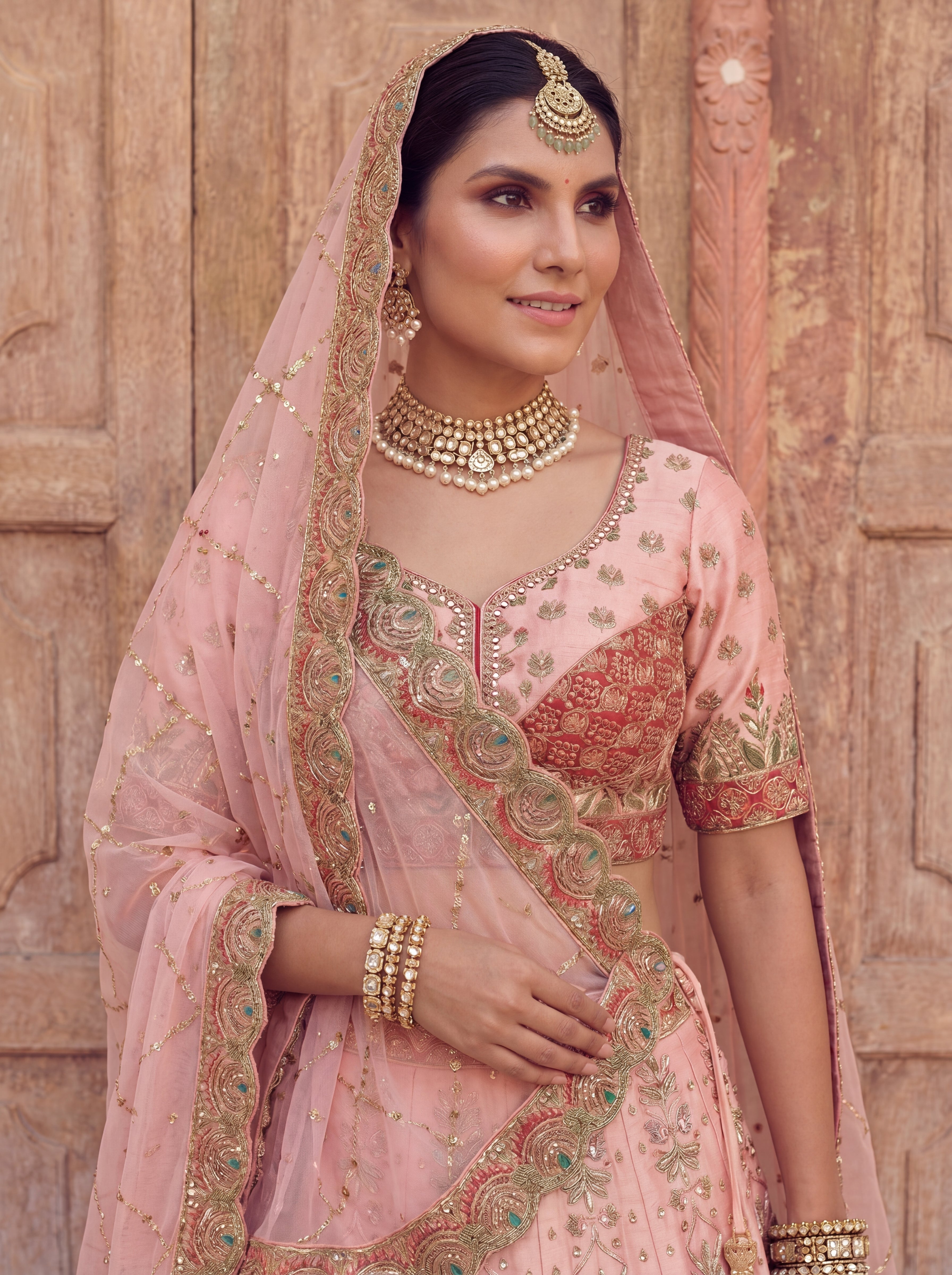 Blush Pink Viscose Sequins Embroidered Bridal Lehenga Choli Set