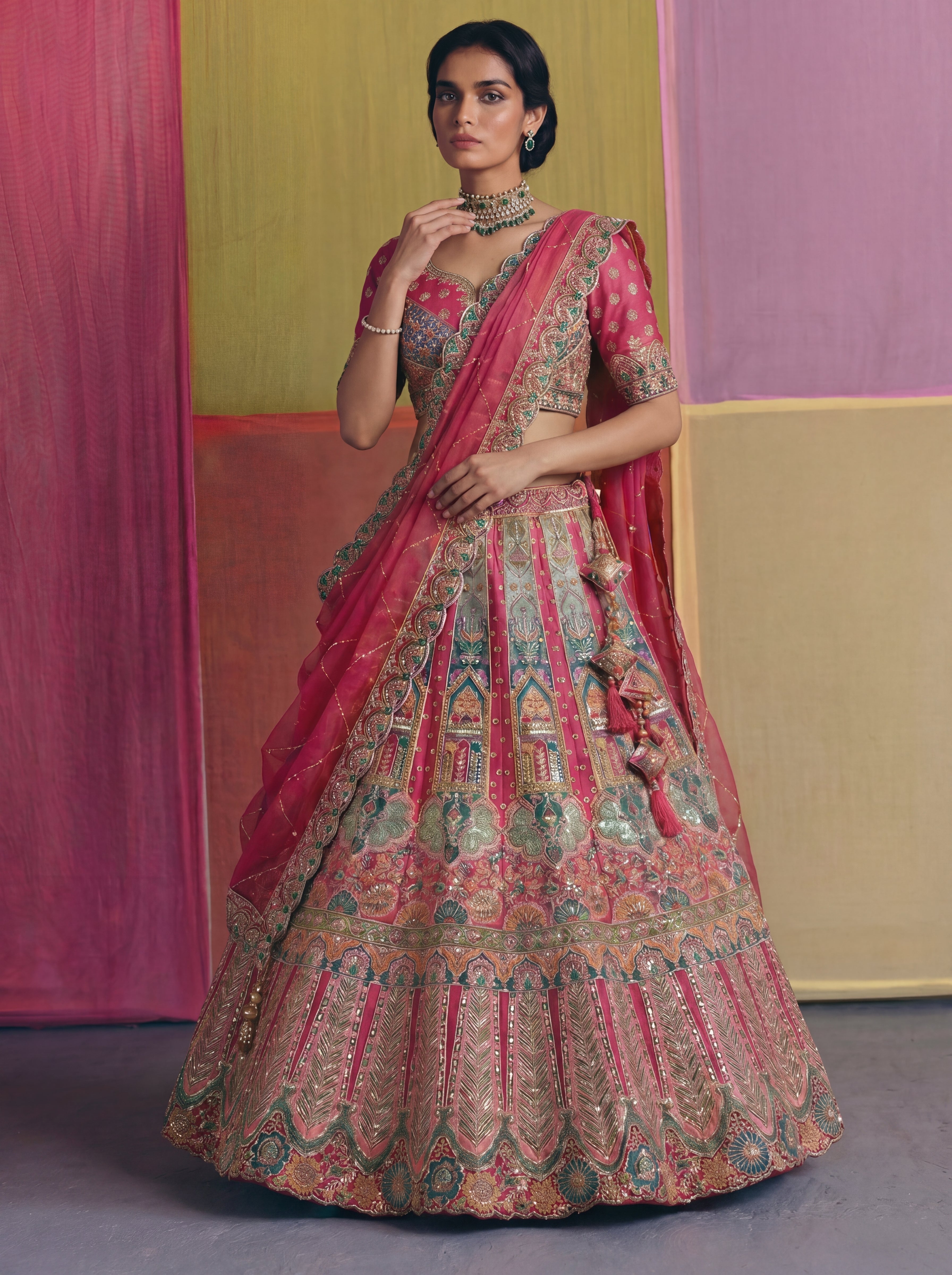 Crimson Red Viscose Sequins Embroidered Bridal Lehenga Choli Set