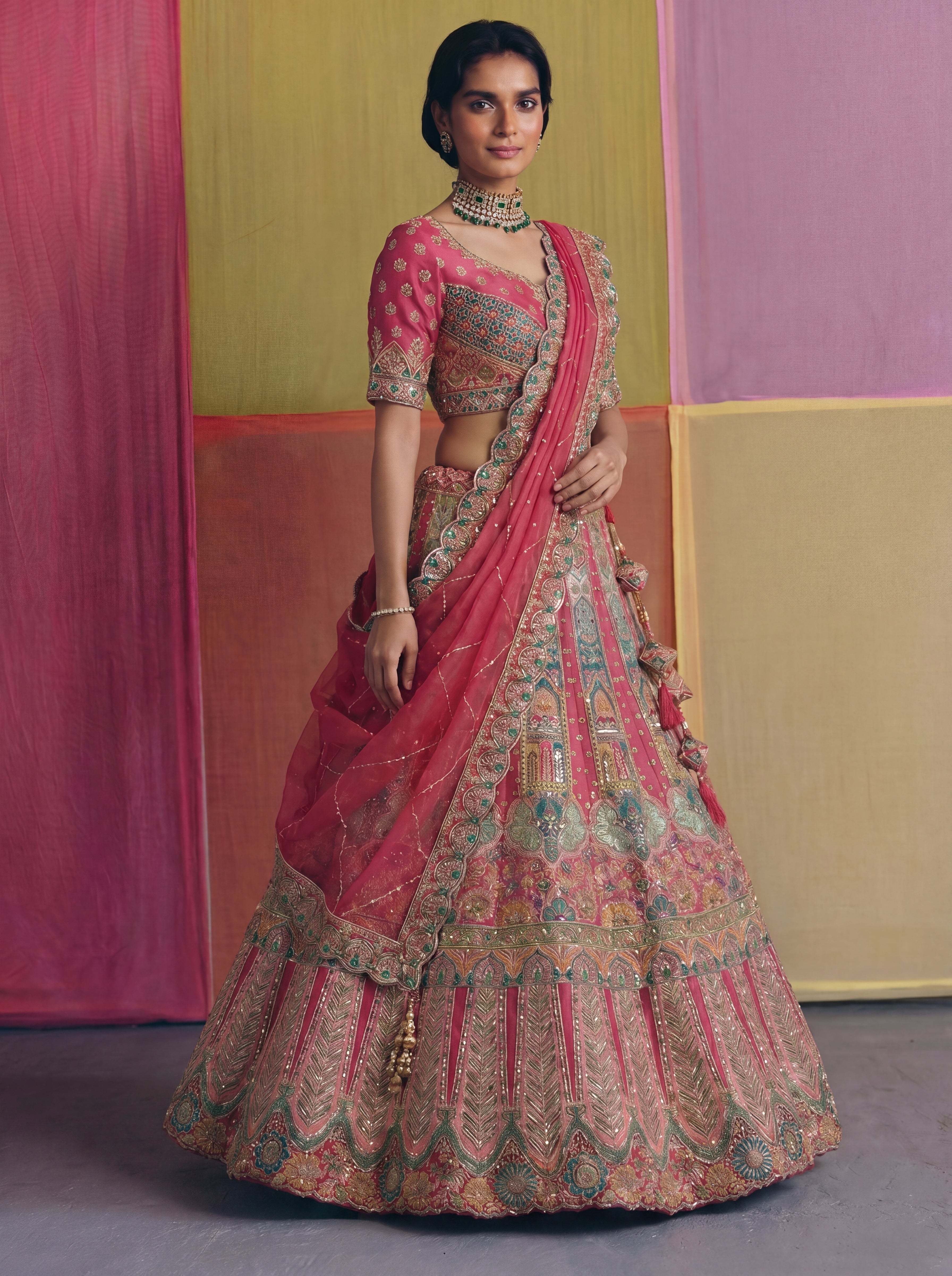 Crimson Red Viscose Sequins Embroidered Bridal Lehenga Choli Set