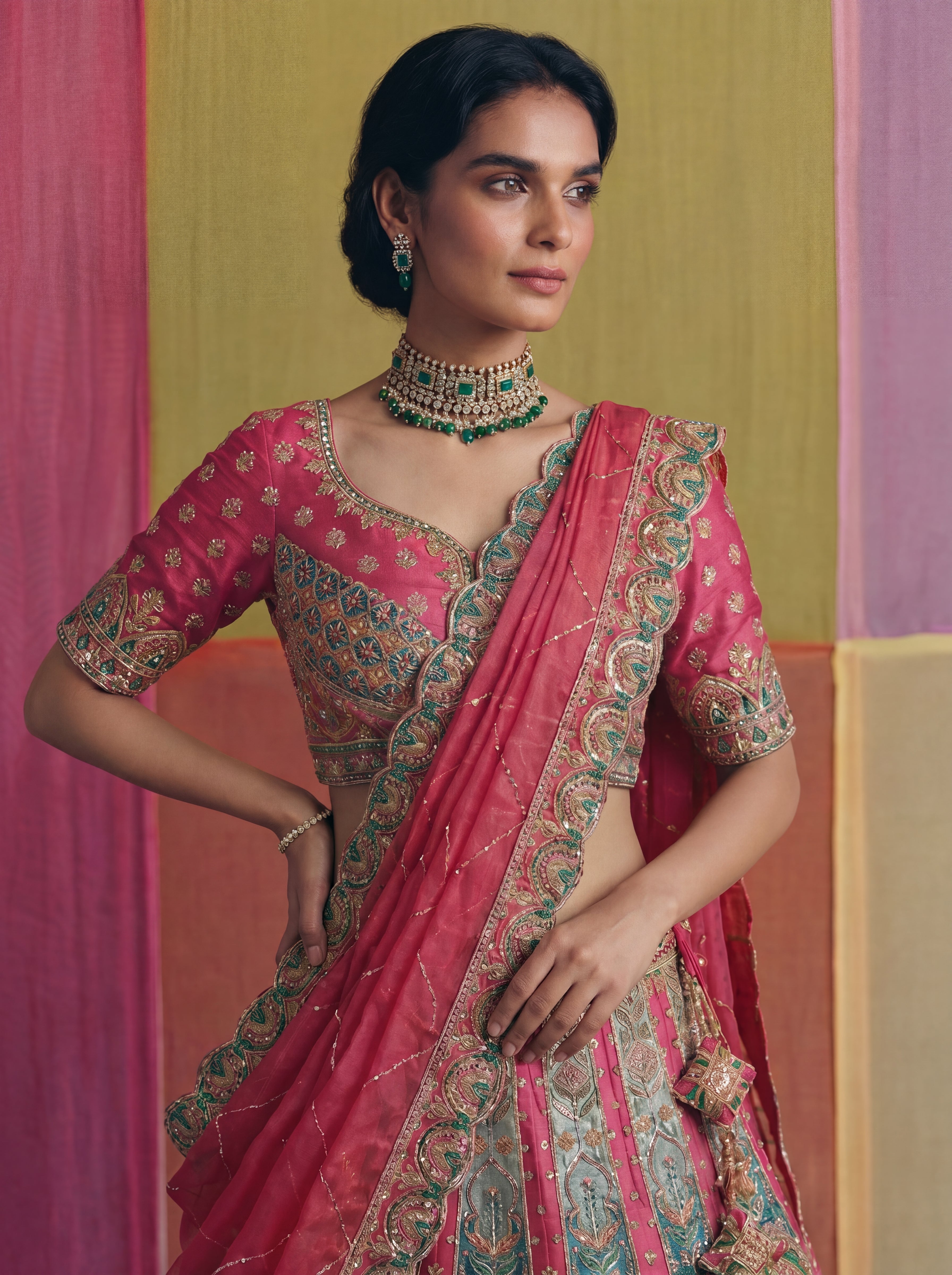 Crimson Red Viscose Sequins Embroidered Bridal Lehenga Choli Set