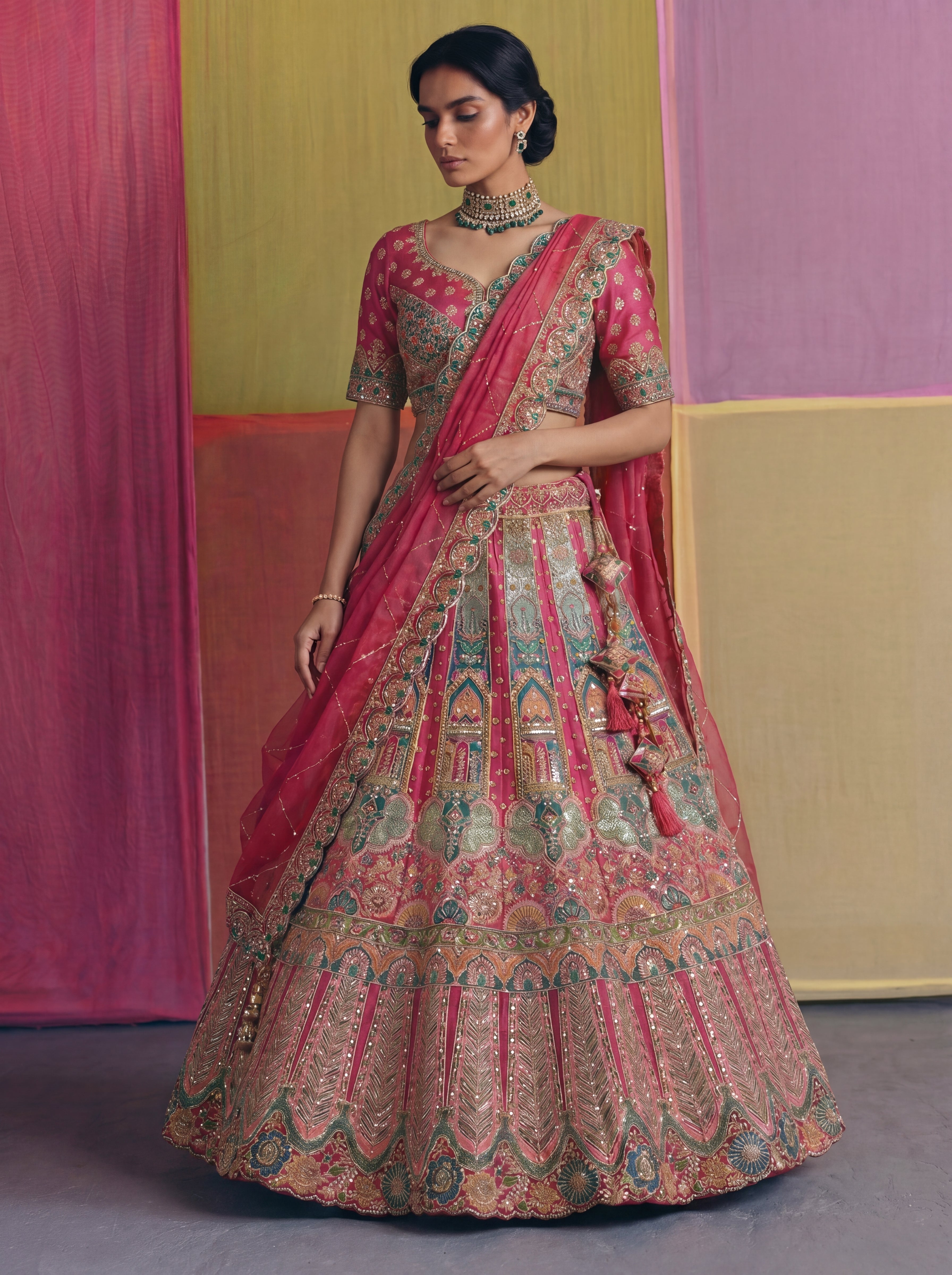 Crimson Red Viscose Sequins Embroidered Bridal Lehenga Choli Set