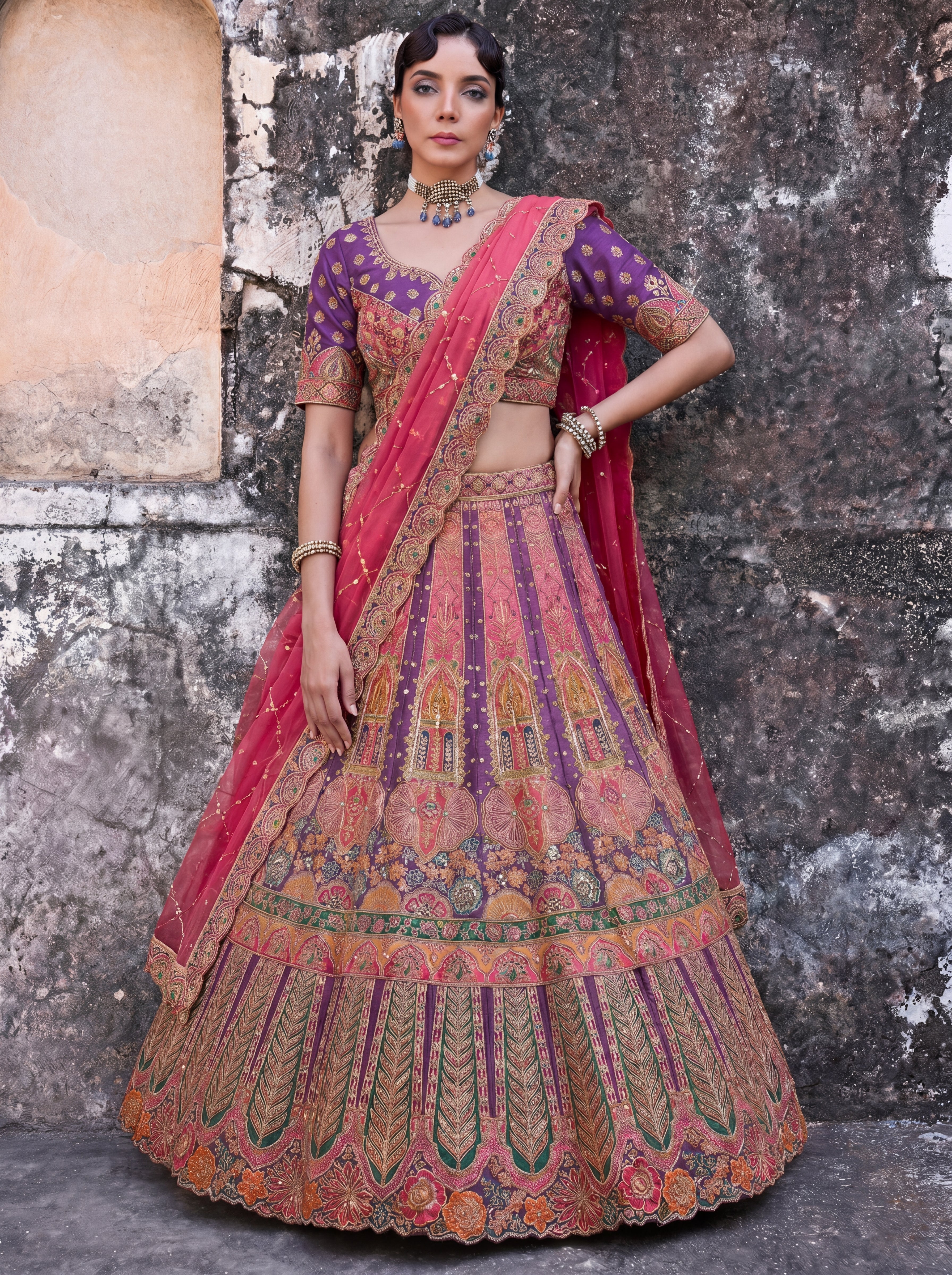 Royal Purple Viscose Sequins Embroidered Bridal Lehenga Choli