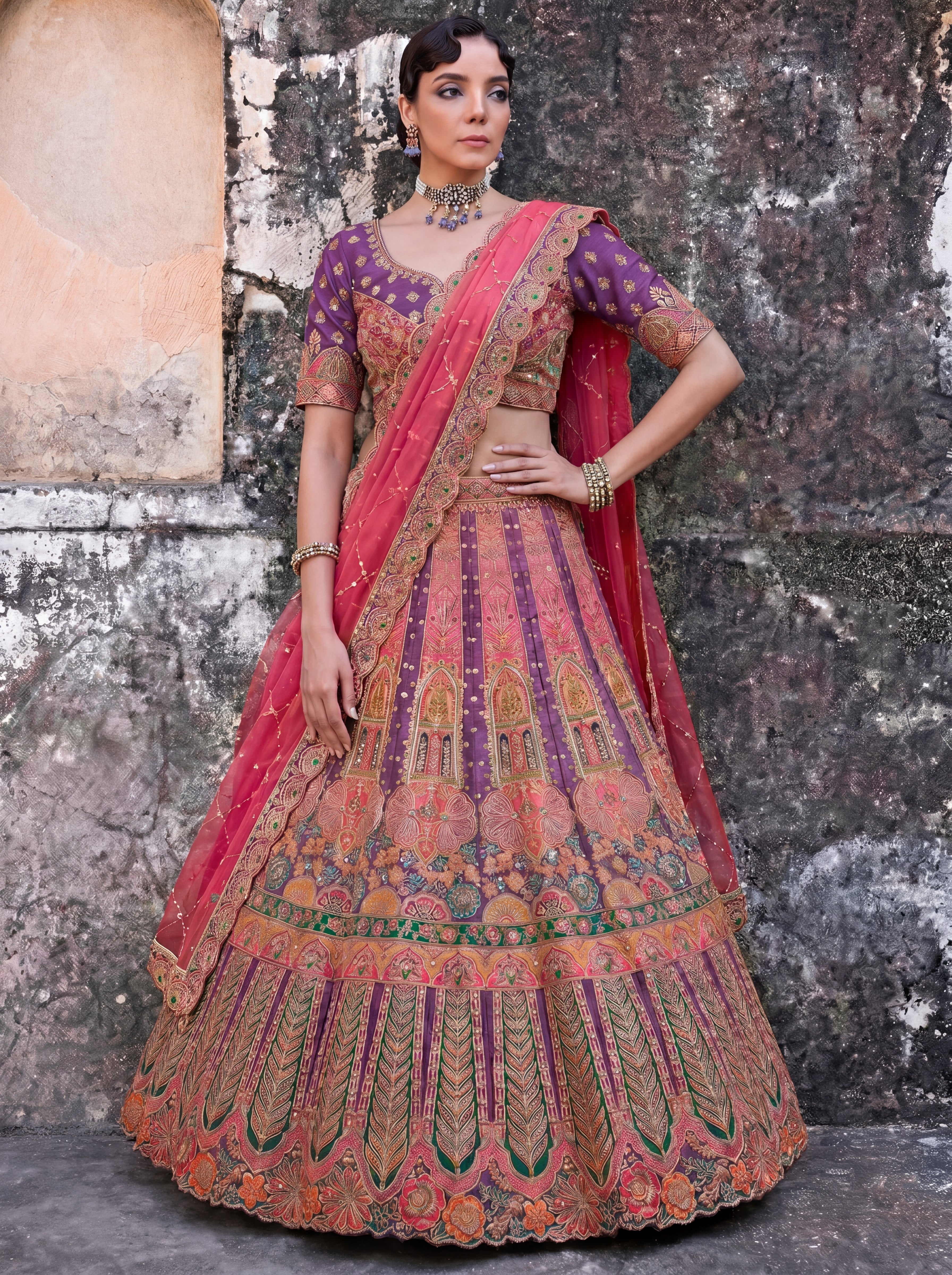 Royal Purple Viscose Sequins Embroidered Bridal Lehenga Choli